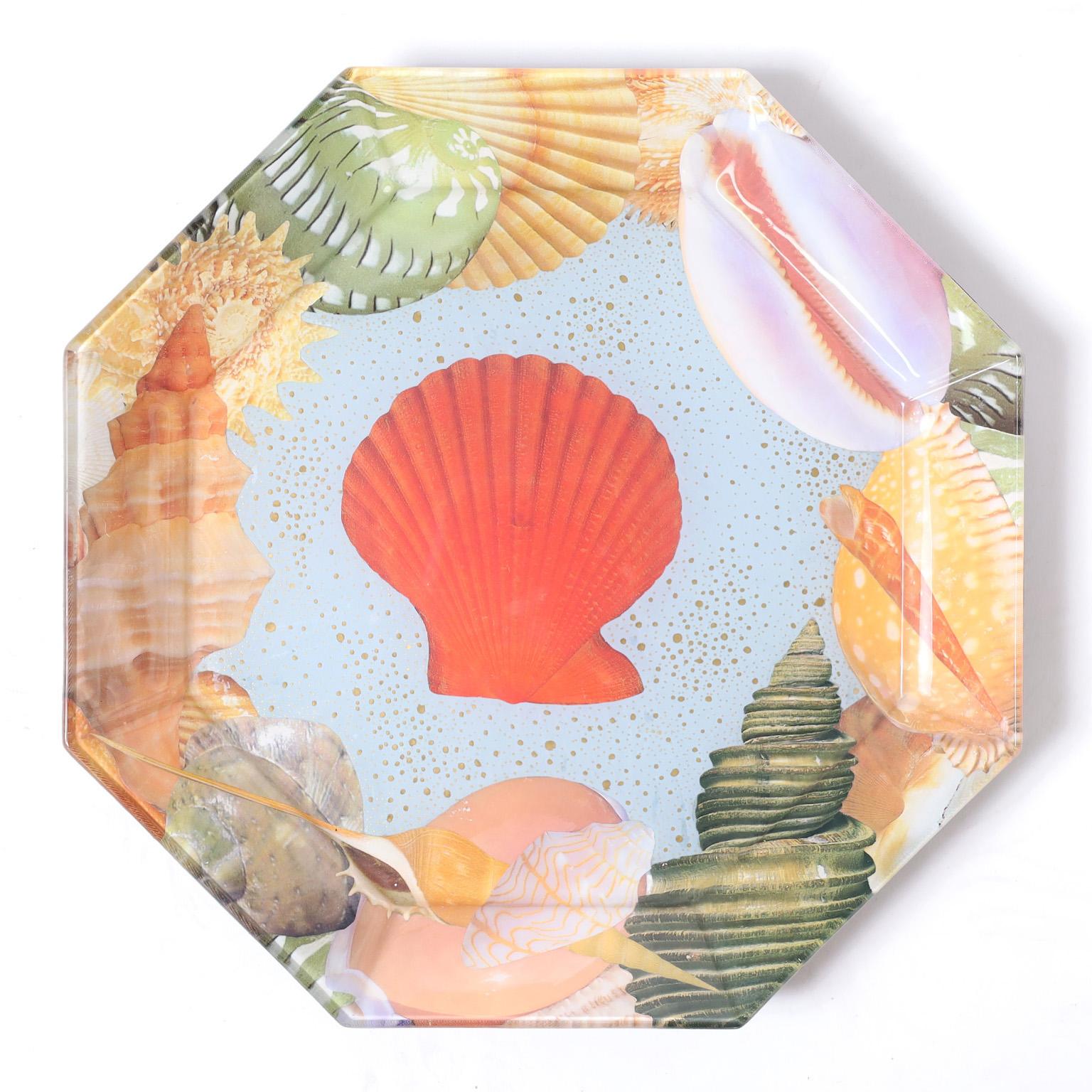 American Set of Ten Reverse Decoupage Seashell Glass Plates by Pablo Manzoni For Sale