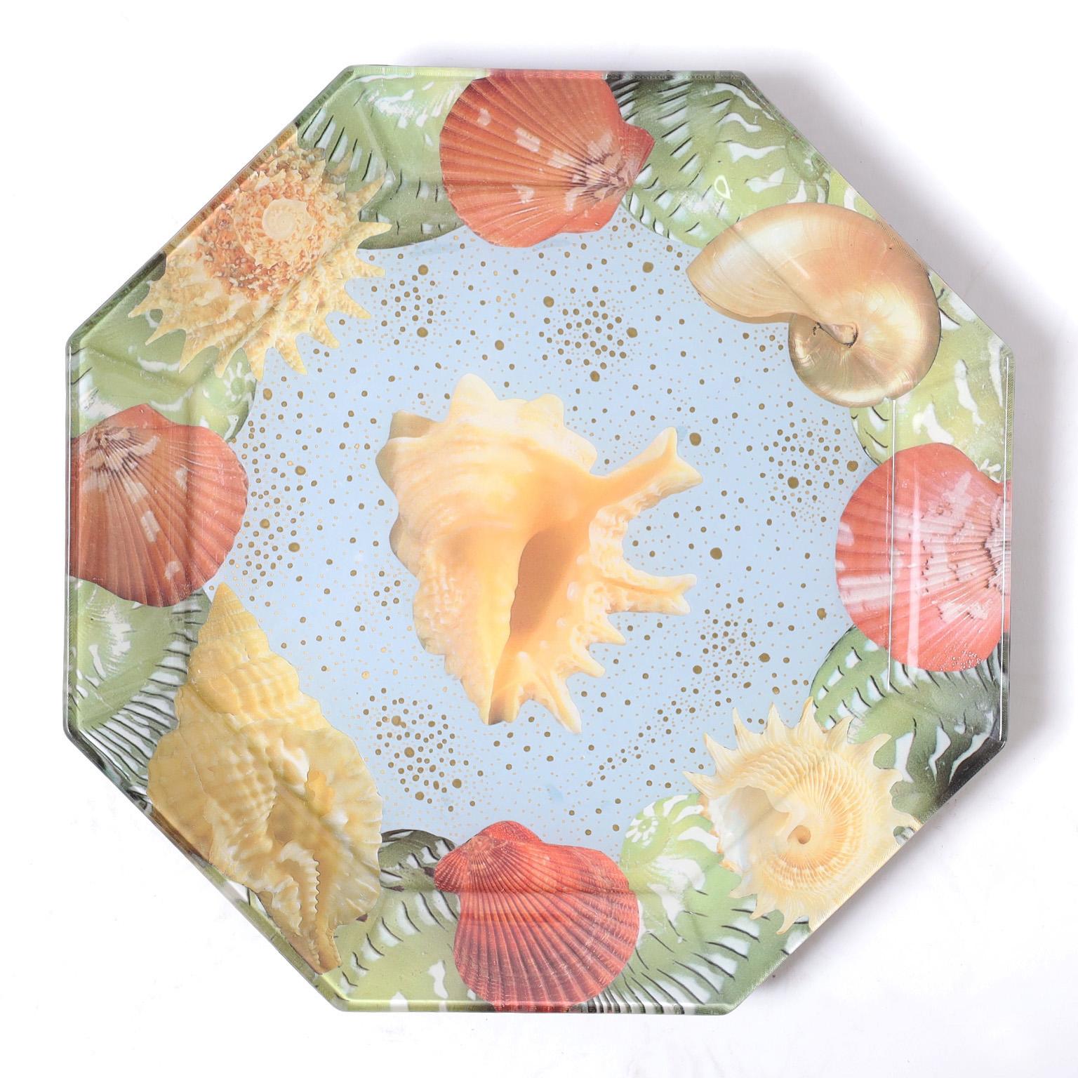 Set of Ten Reverse Decoupage Seashell Glass Plates by Pablo Manzoni In Good Condition For Sale In Palm Beach, FL