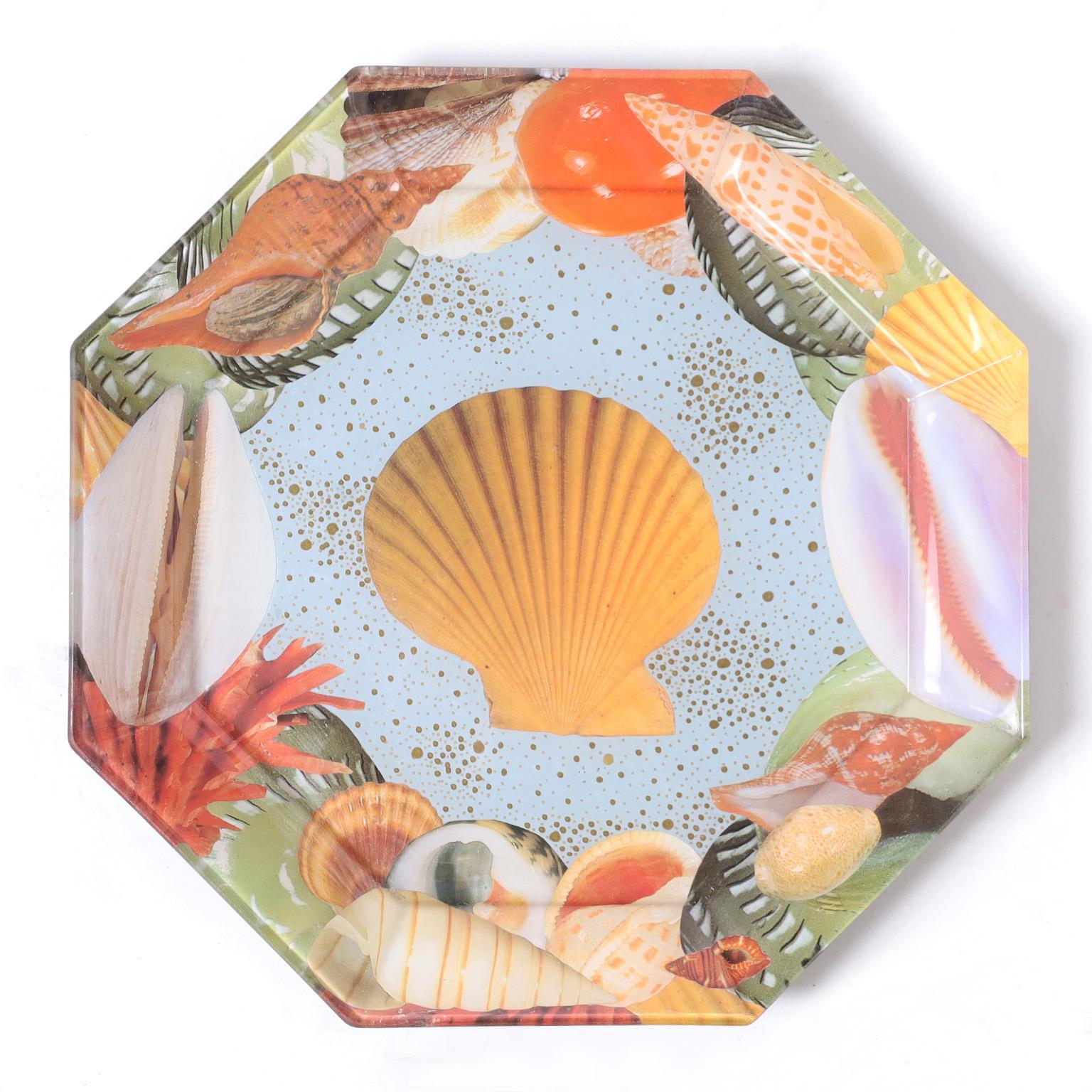 20th Century Set of Ten Reverse Decoupage Seashell Glass Plates by Pablo Manzoni For Sale