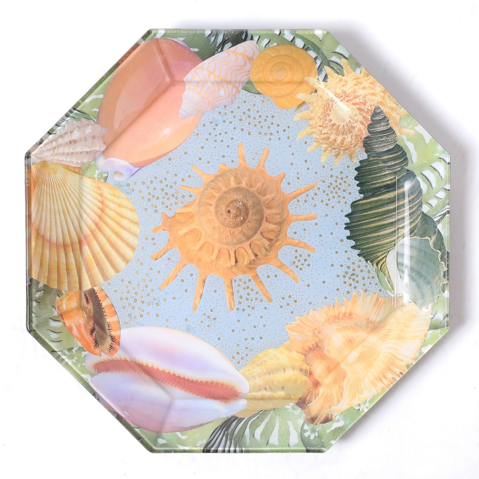 Set of Ten Reverse Decoupage Seashell Glass Plates by Pablo Manzoni For Sale 1