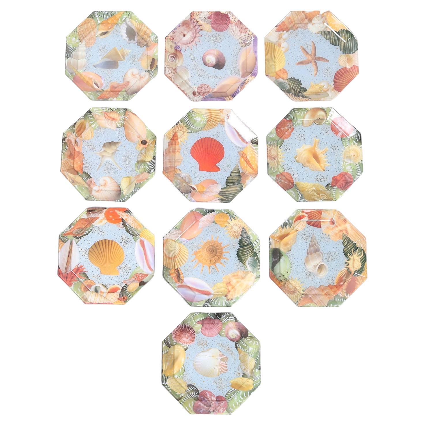 Set of Ten Reverse Decoupage Seashell Glass Plates by Pablo Manzoni