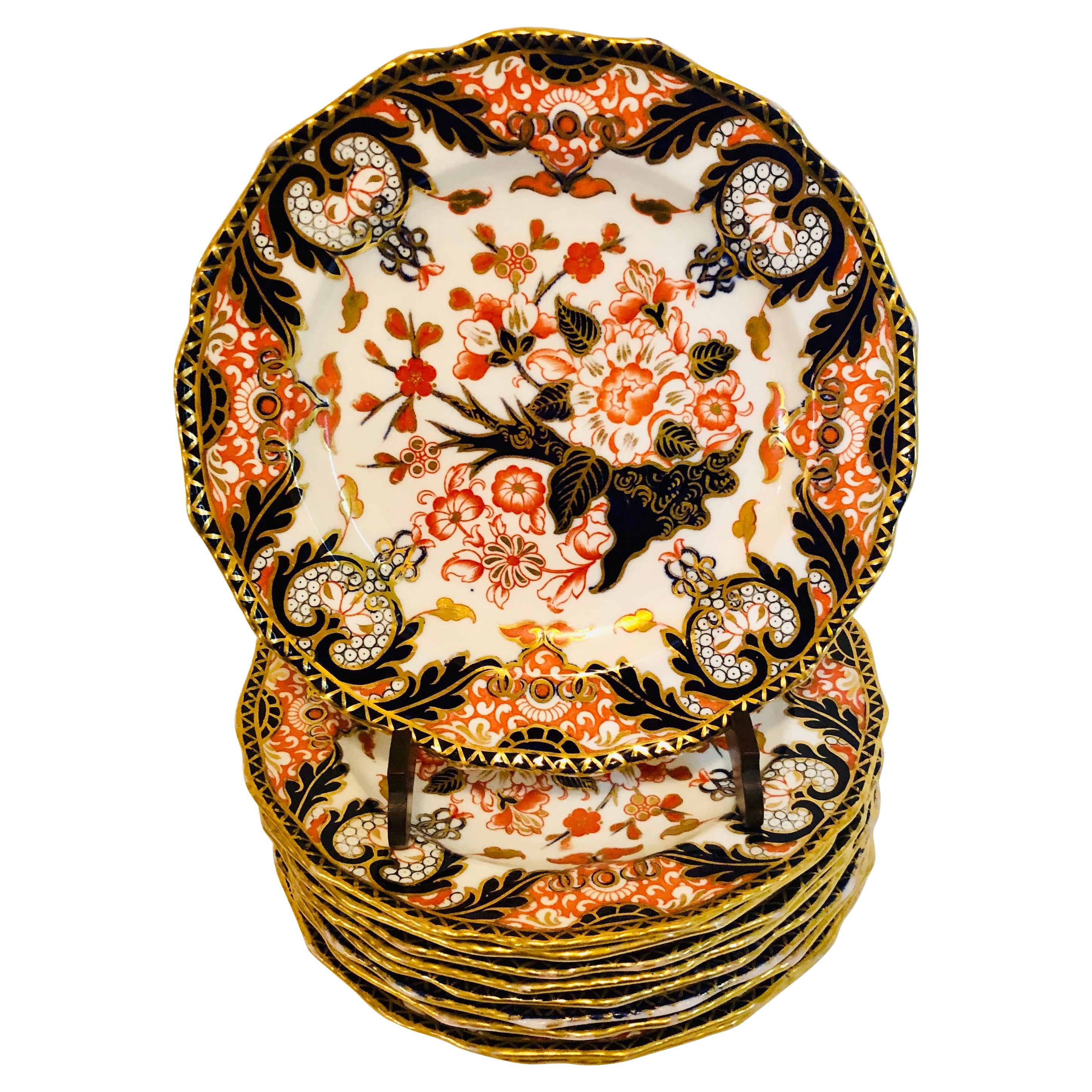 Set of Ten Royal Crown Derby Imari Luncheon Plates with Cobalt and Gold Border