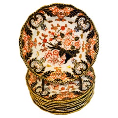 Antique Set of Ten Royal Crown Derby Imari Luncheon Plates with Cobalt and Gold Border