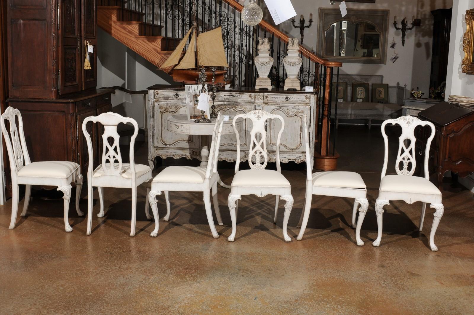 Set of Ten Scandinavian Rococo Style 20th Century Painted Dining Room Chairs For Sale 9