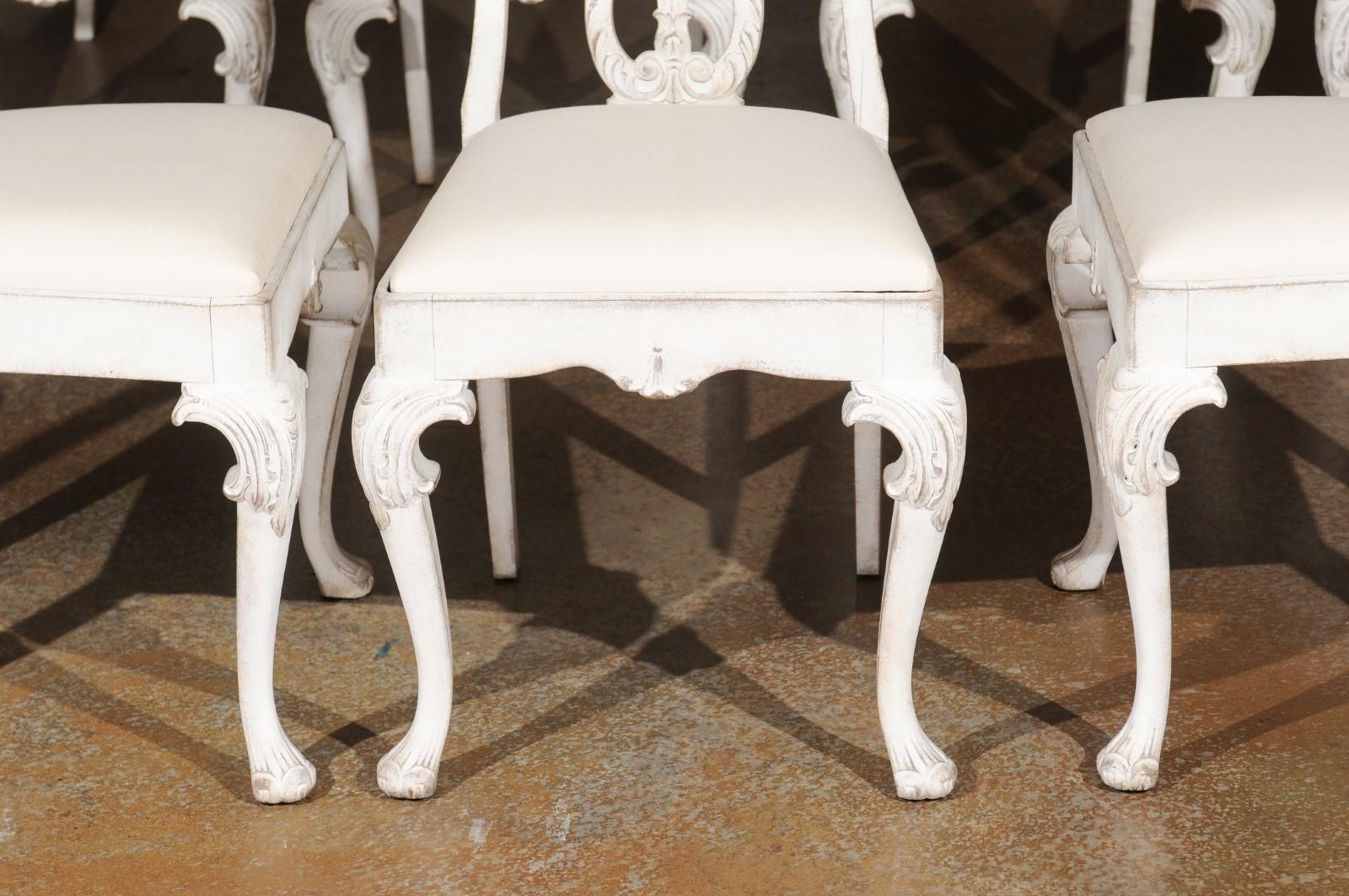 Upholstery Set of Ten Scandinavian Rococo Style 20th Century Painted Dining Room Chairs For Sale