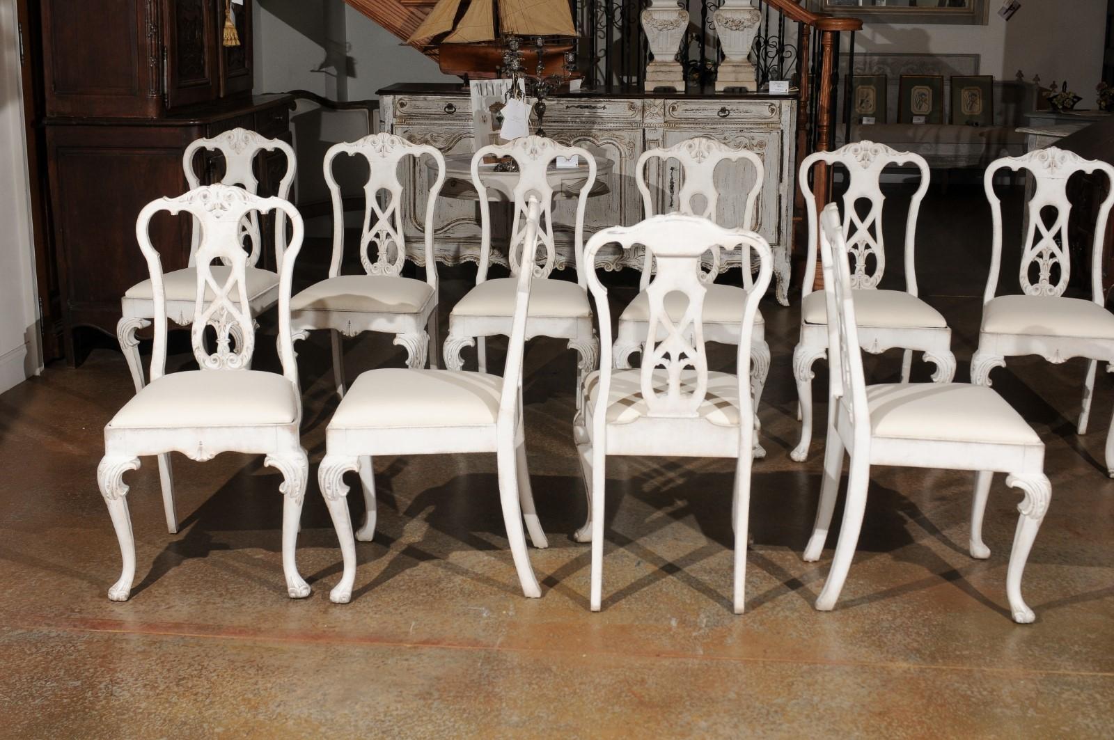 Set of Ten Scandinavian Rococo Style 20th Century Painted Dining Room Chairs For Sale 2