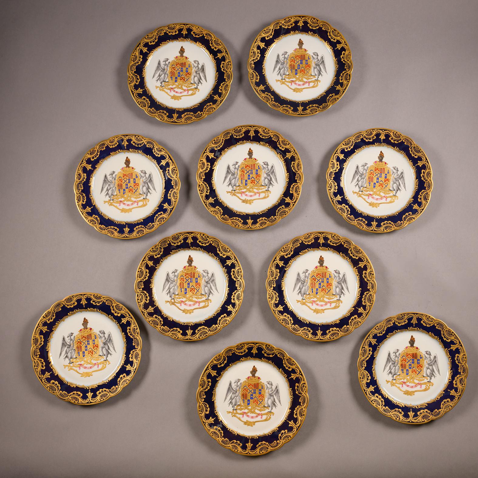 French Set of Ten Sèvres-Style Armorial Cabinet Plates For Sale