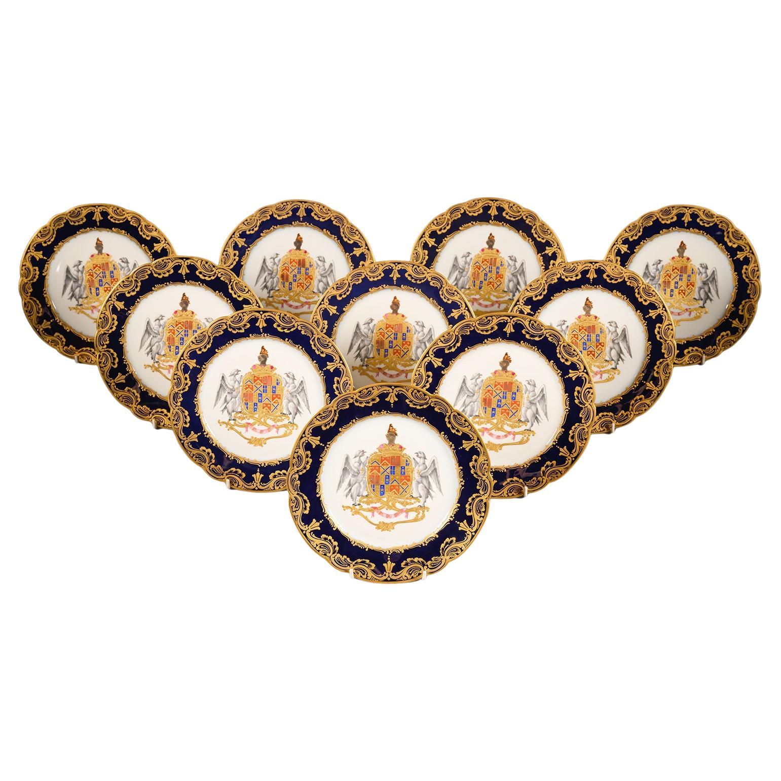 Set of Ten Sèvres-Style Armorial Cabinet Plates For Sale