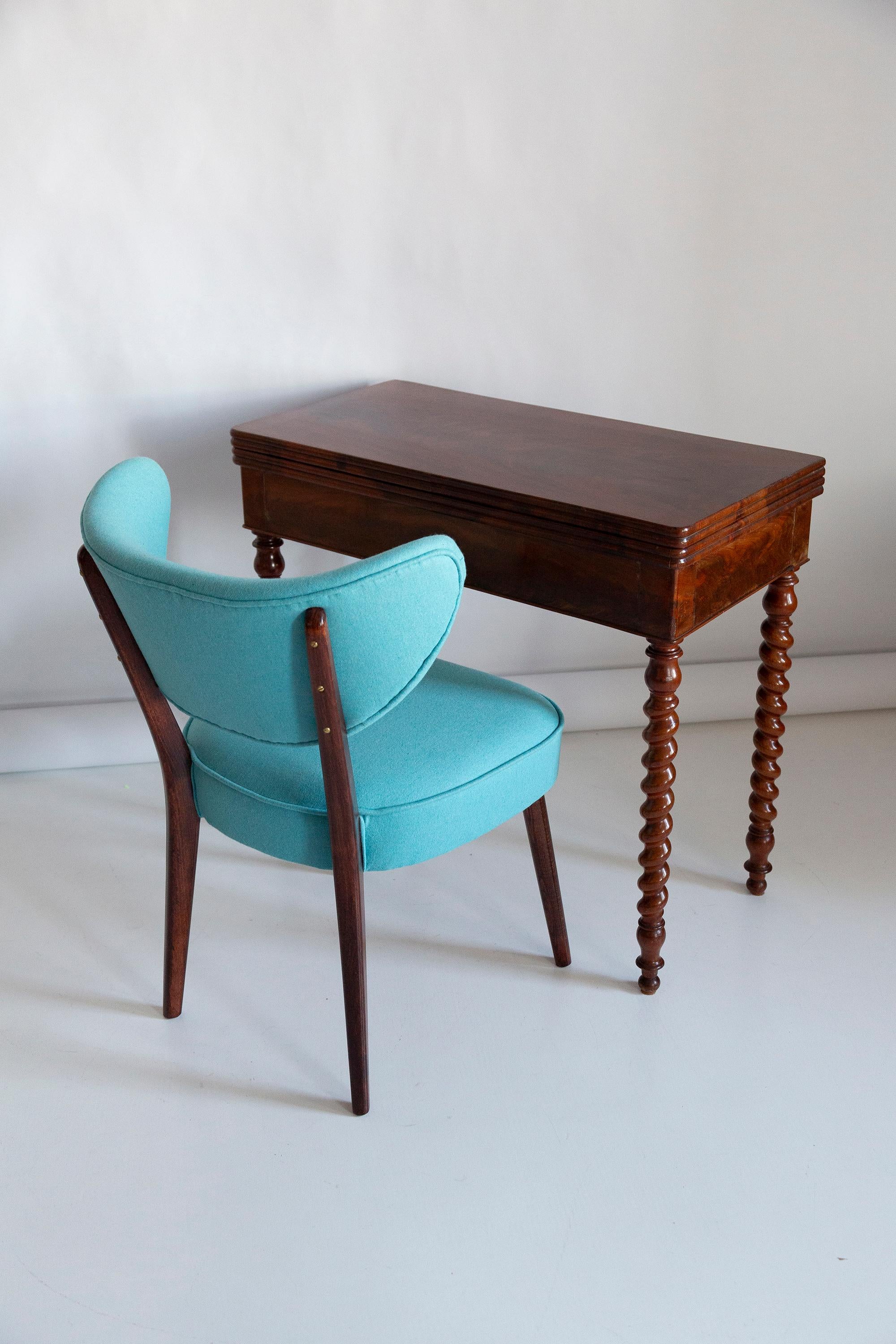 Mid-Century Modern Set of Ten Shell Dining Chairs, Turquoise Wool, by Vintola Studio, Europe. For Sale