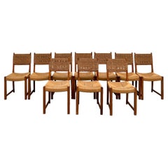 Set of ten solid elm handwoven chairs, France circa 1965