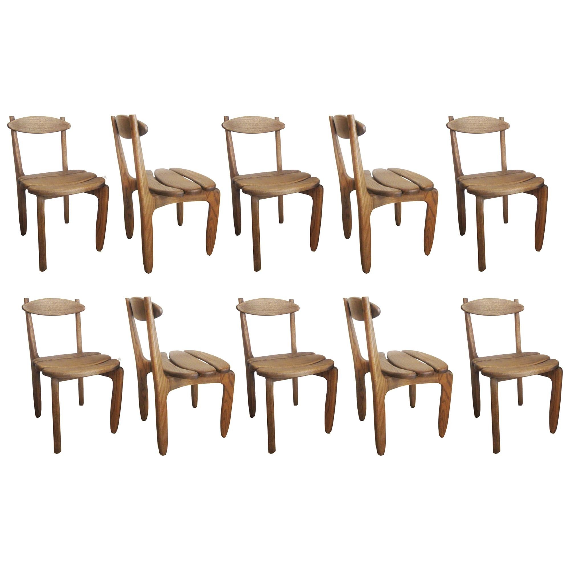 Set of Ten Solid Oak Dining Room Chairs by Guillerme et Chambron