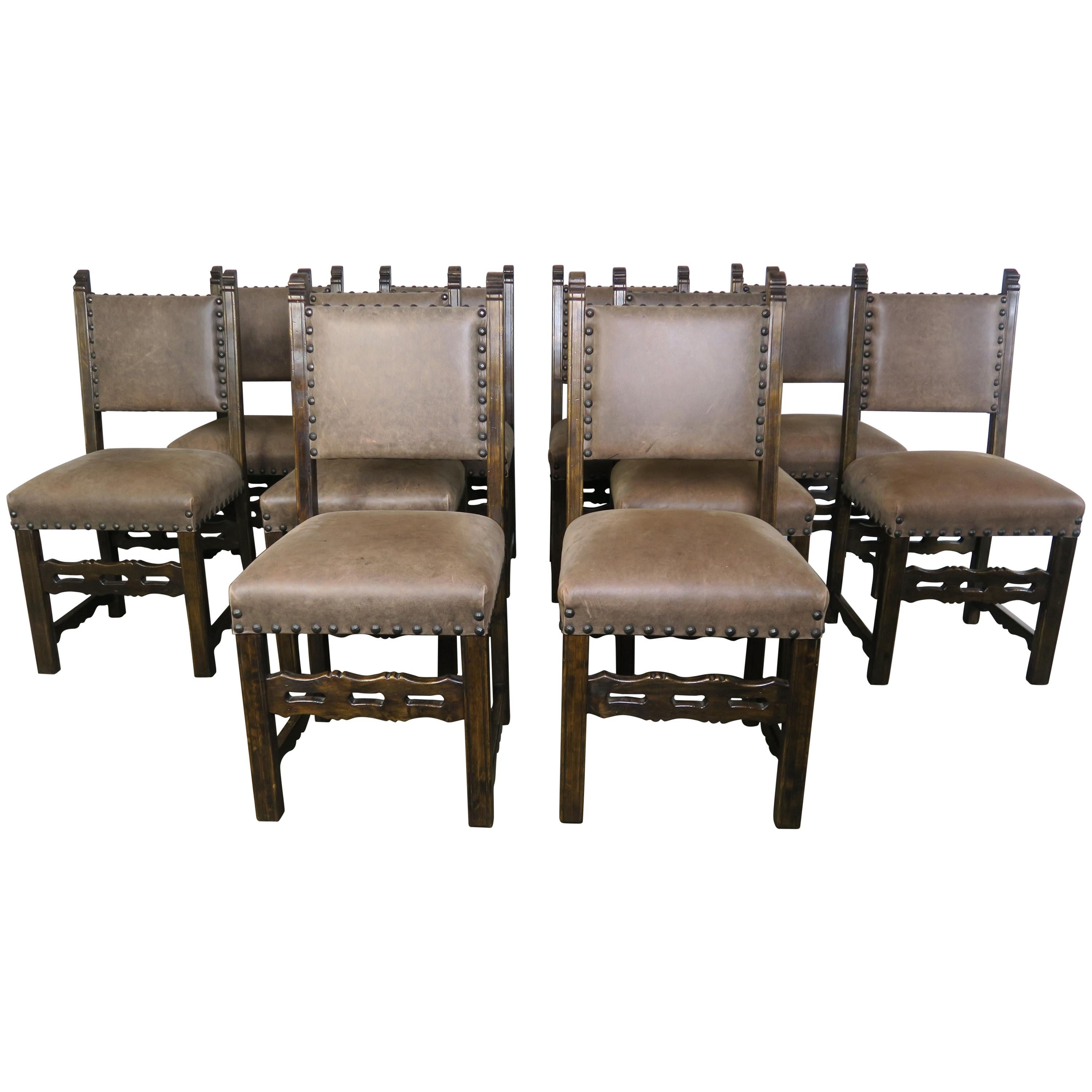 Set of Ten Spanish Style Leather Dining Chairs