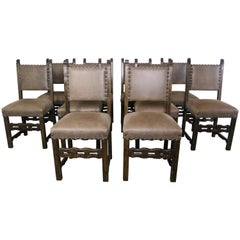 Antique Set of Ten Spanish Style Leather Dining Chairs