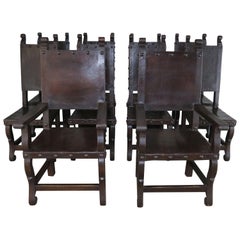 Set of Ten Spanish Walnut Leather Dining Chairs, circa 1940s