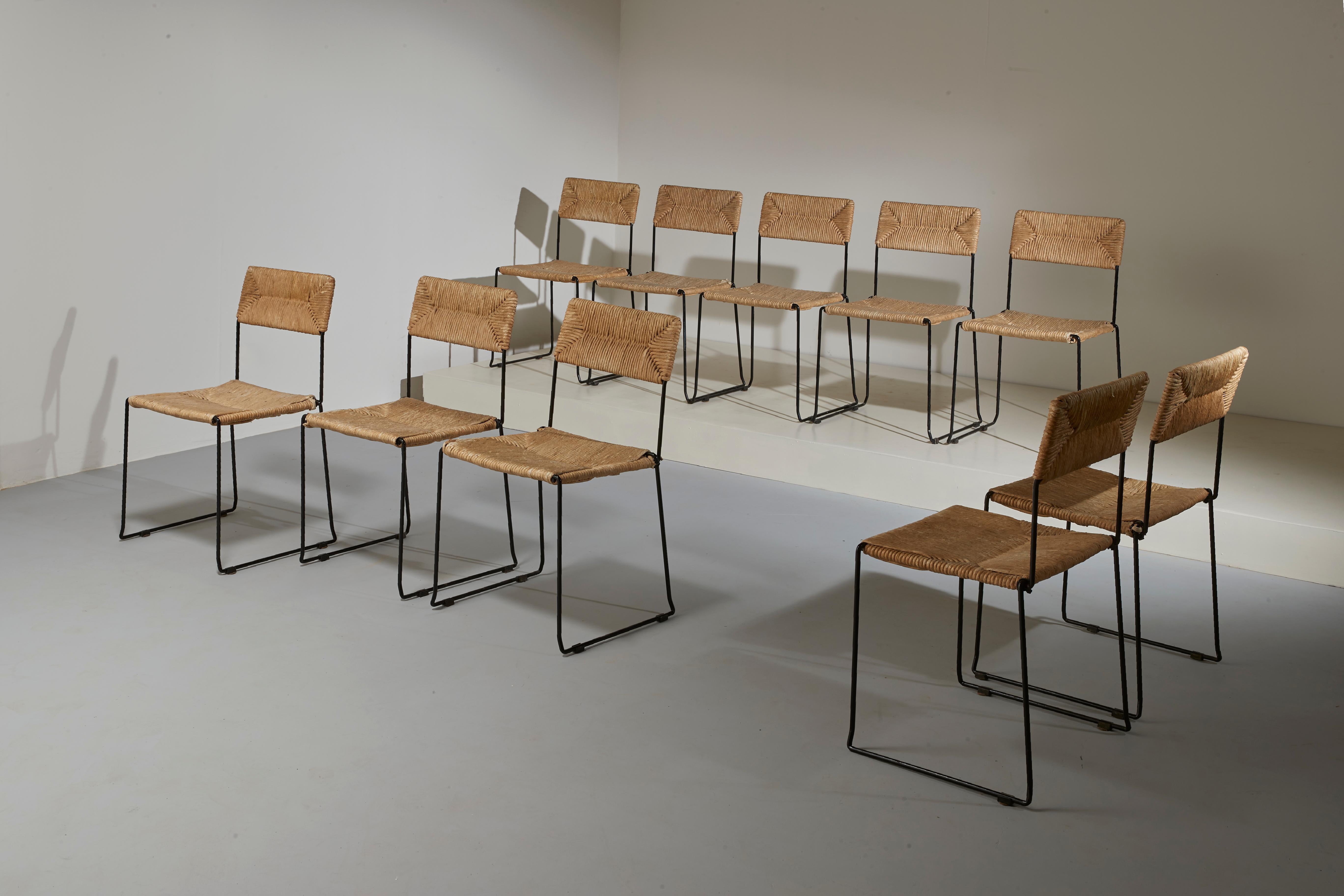 Mid-Century Modern Set of Ten Stackable Chairs with Iron Frame and Cane Seat/Backrest, Italy 1970s