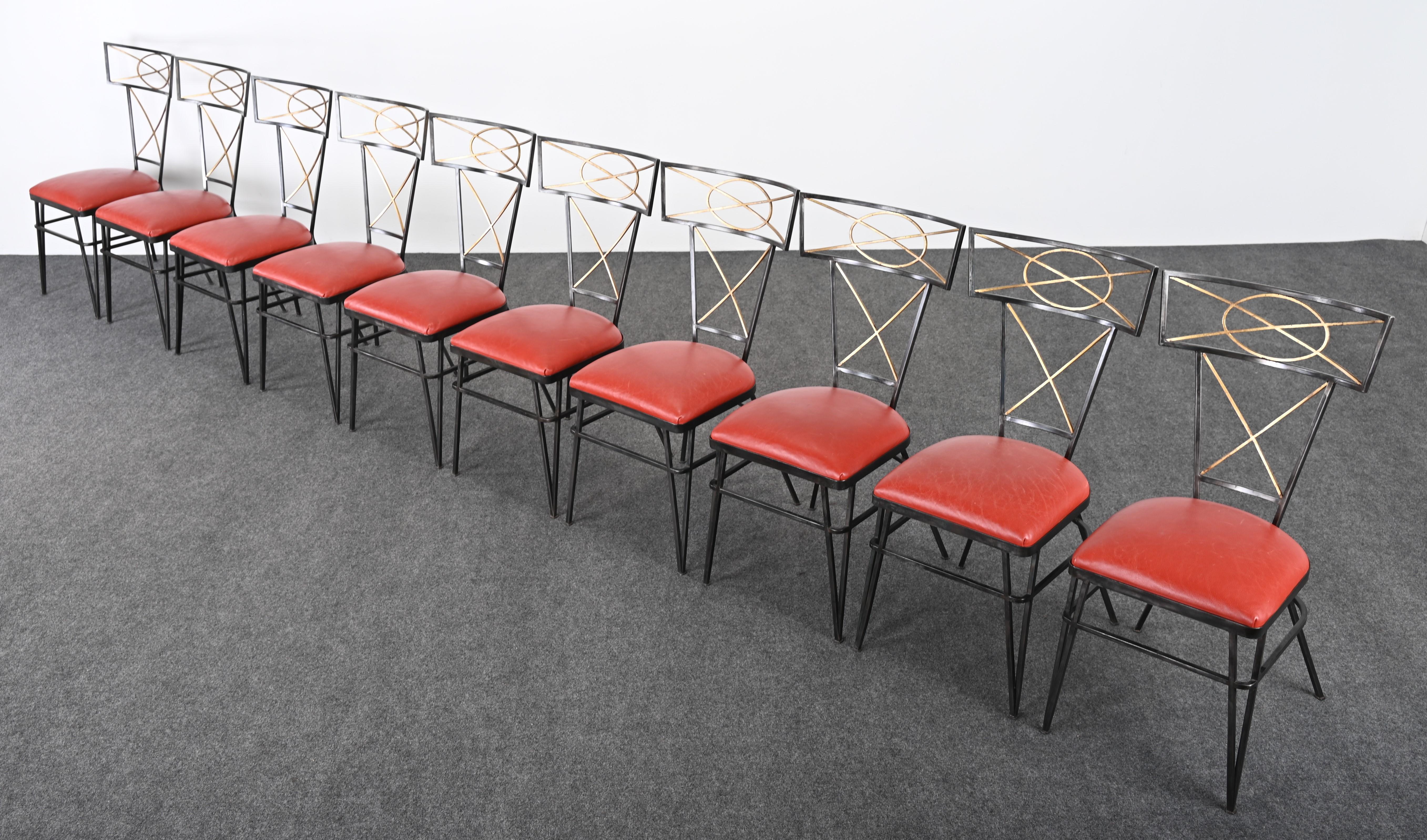 Néoclassique Ensemble de dix chaises néoclassiques en acier et en or doré, 20e siècle en vente
