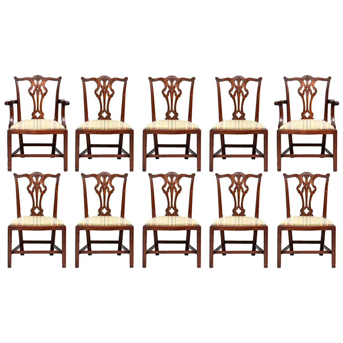 Set of Ten Stickley Chippendale Style Carved Mahogany Dining Chairs