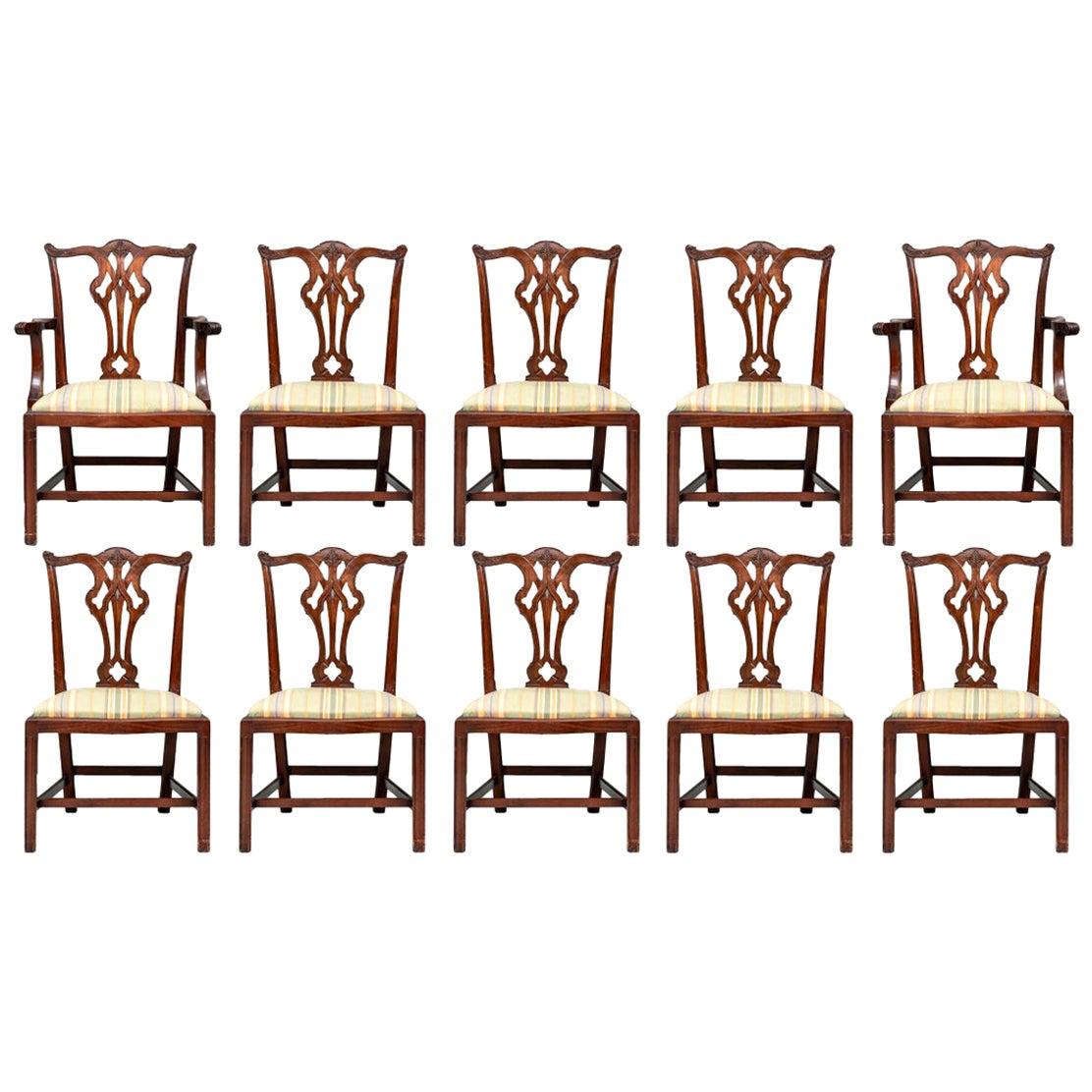 Set of Ten Stickley Chippendale Style Carved Mahogany Dining Chairs