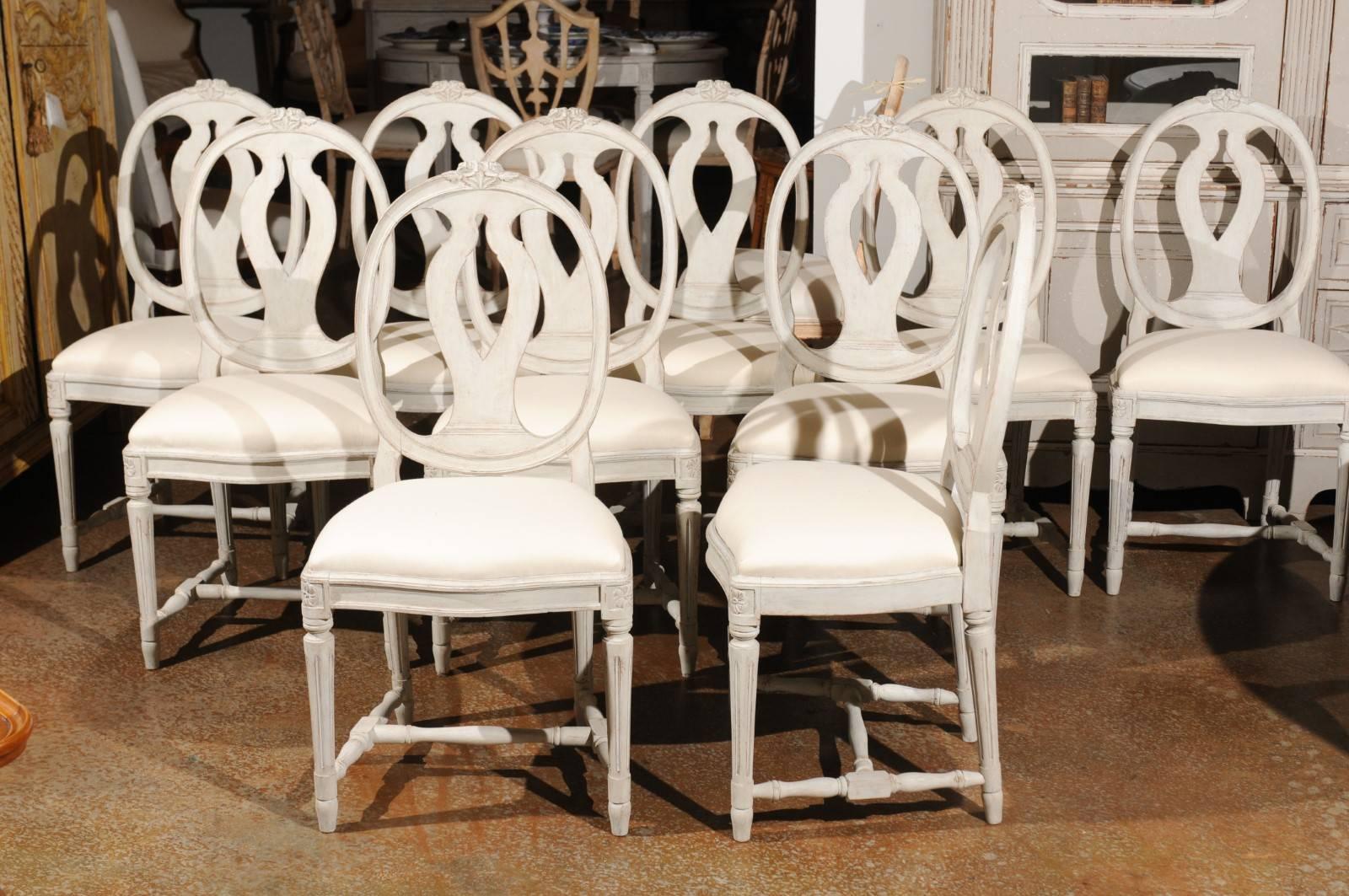 20th Century Set of Ten Swedish Gustavian Style Dining Chairs with Oval Backs, circa 1900