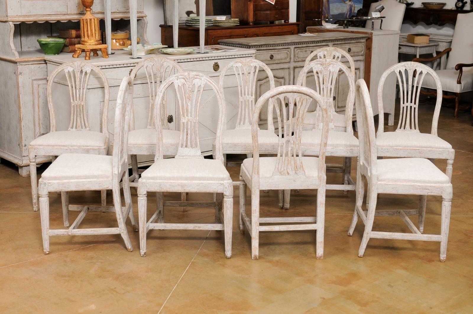 19th Century Set of Ten Swedish Gustavian Wheat Back Dining Room Side Chairs with Upholstery