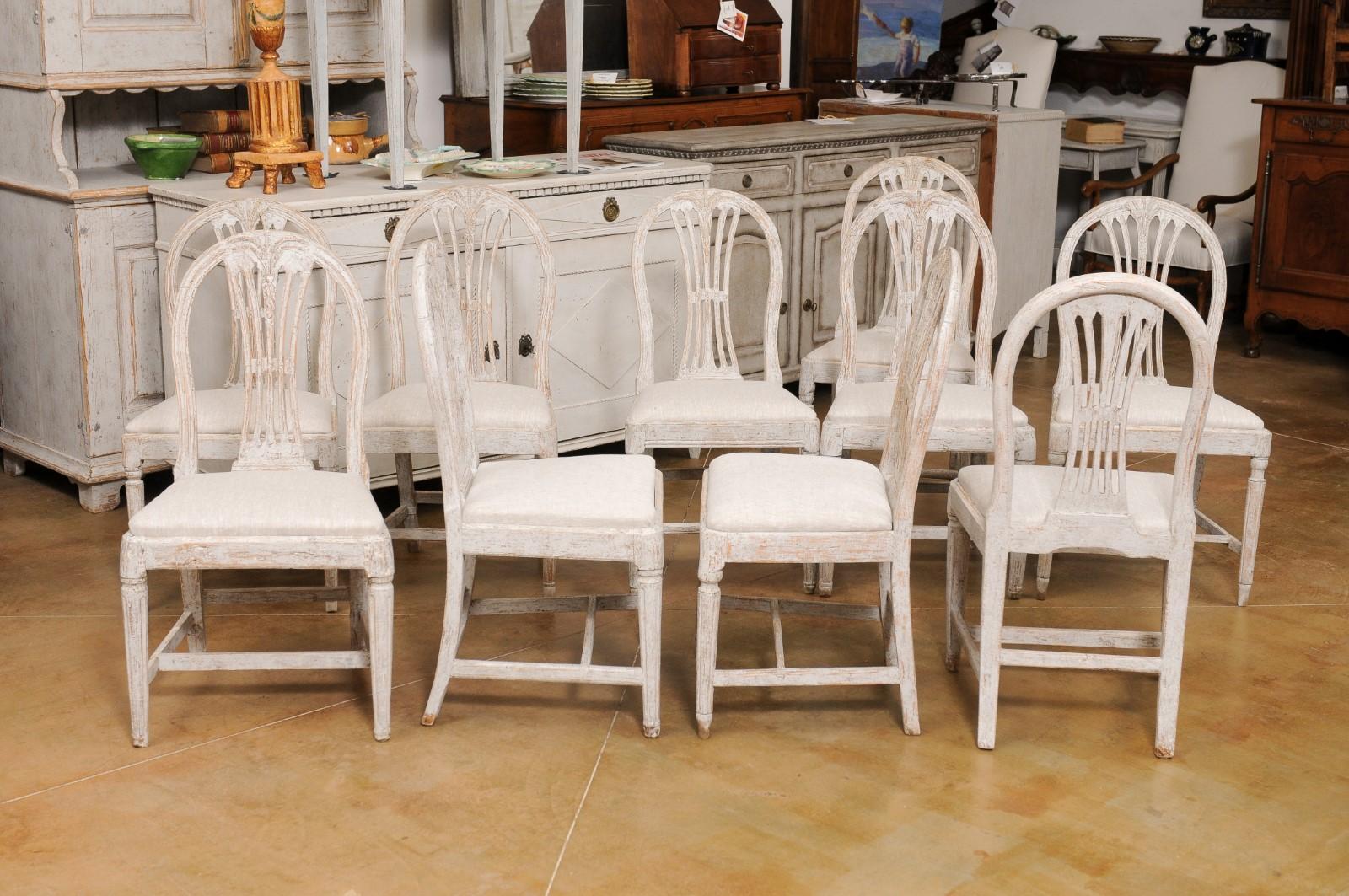Set of Ten Swedish Gustavian Wheat Back Dining Room Side Chairs with Upholstery 1