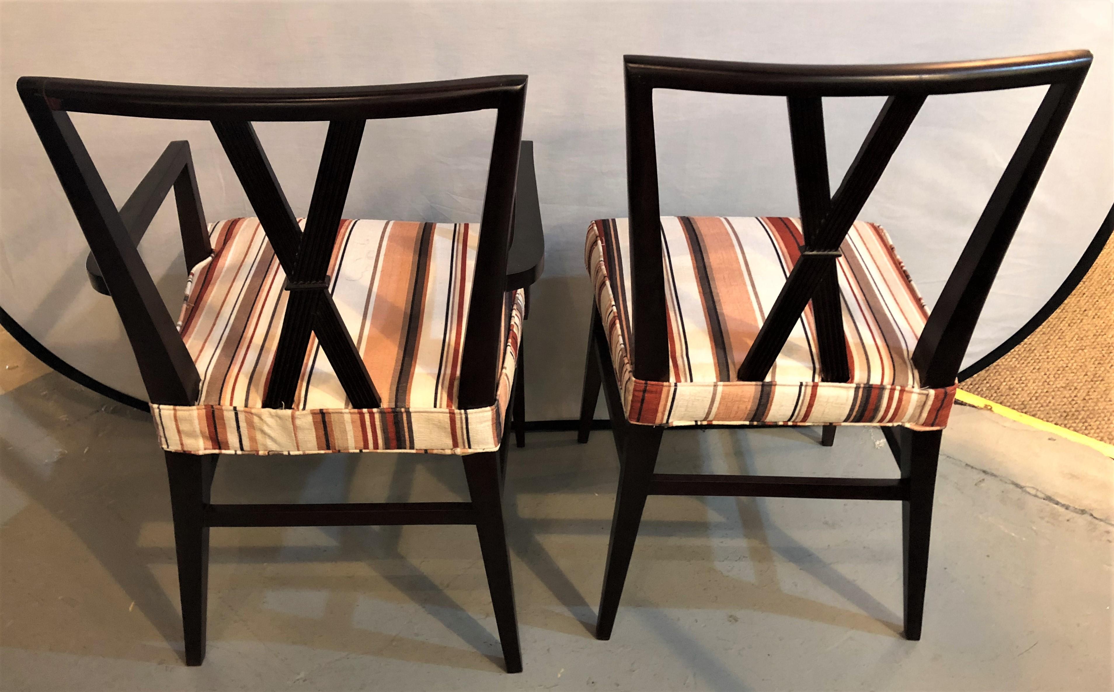 Mid-Century Modern Tommi Parzinger Ten Dining Room Chairs, Mahogany, Striped Fabric For Sale