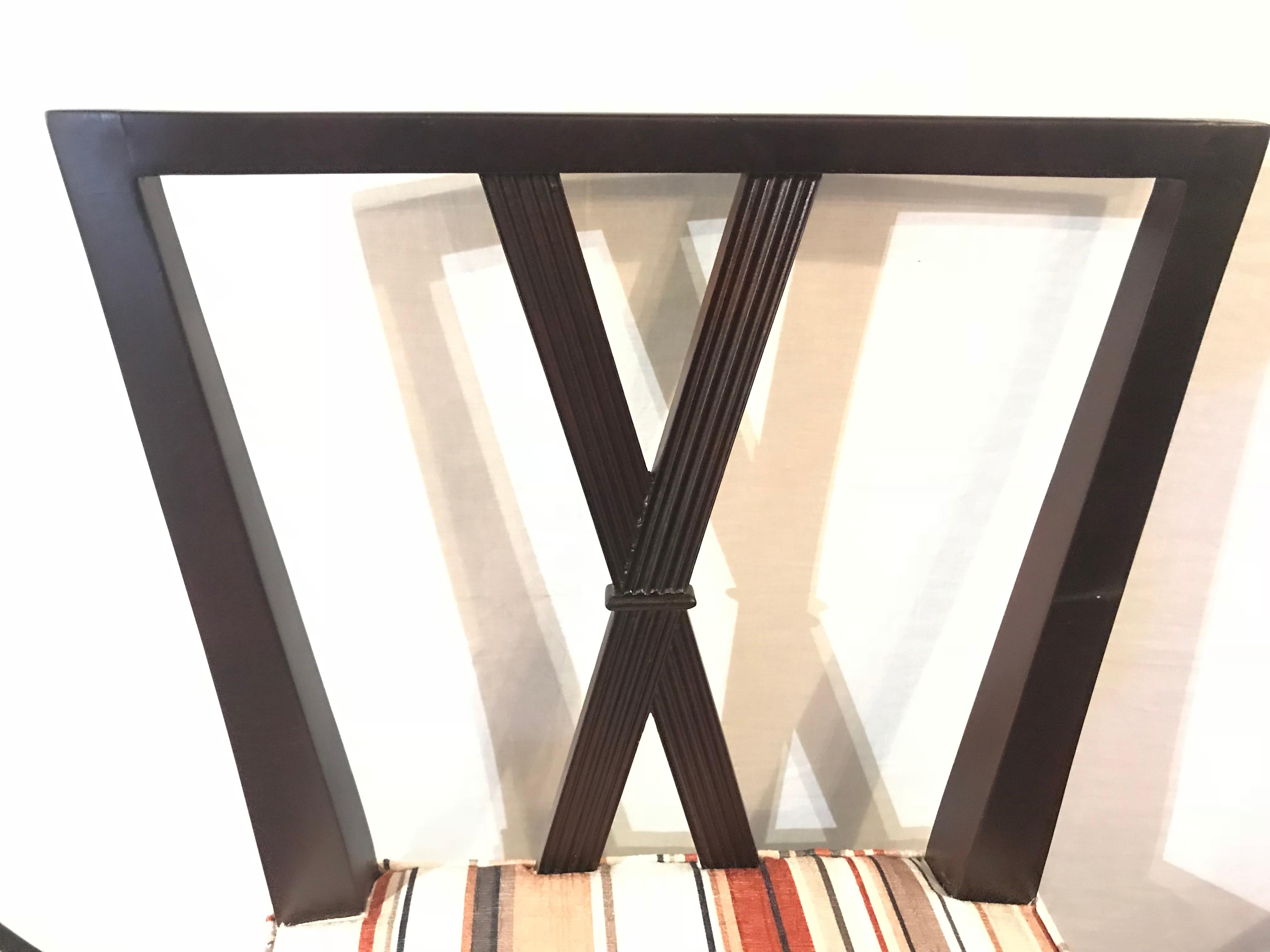Tommi Parzinger Ten Dining Room Chairs, Mahogany, Striped Fabric In Good Condition For Sale In Manhasset, NY
