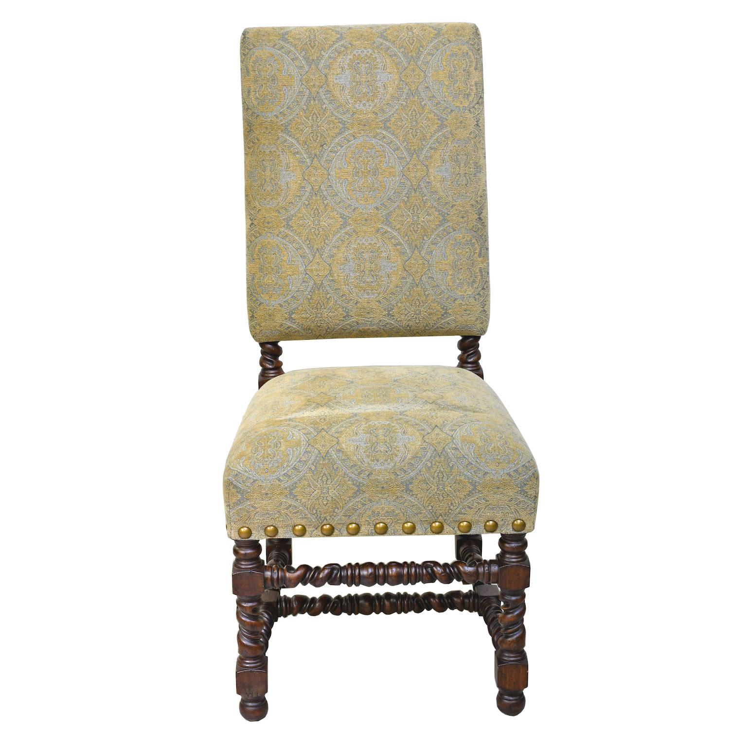 Set of Ten Upholstered Tudor-Style Dining Chairs with Turned Legs & Stretcher 1