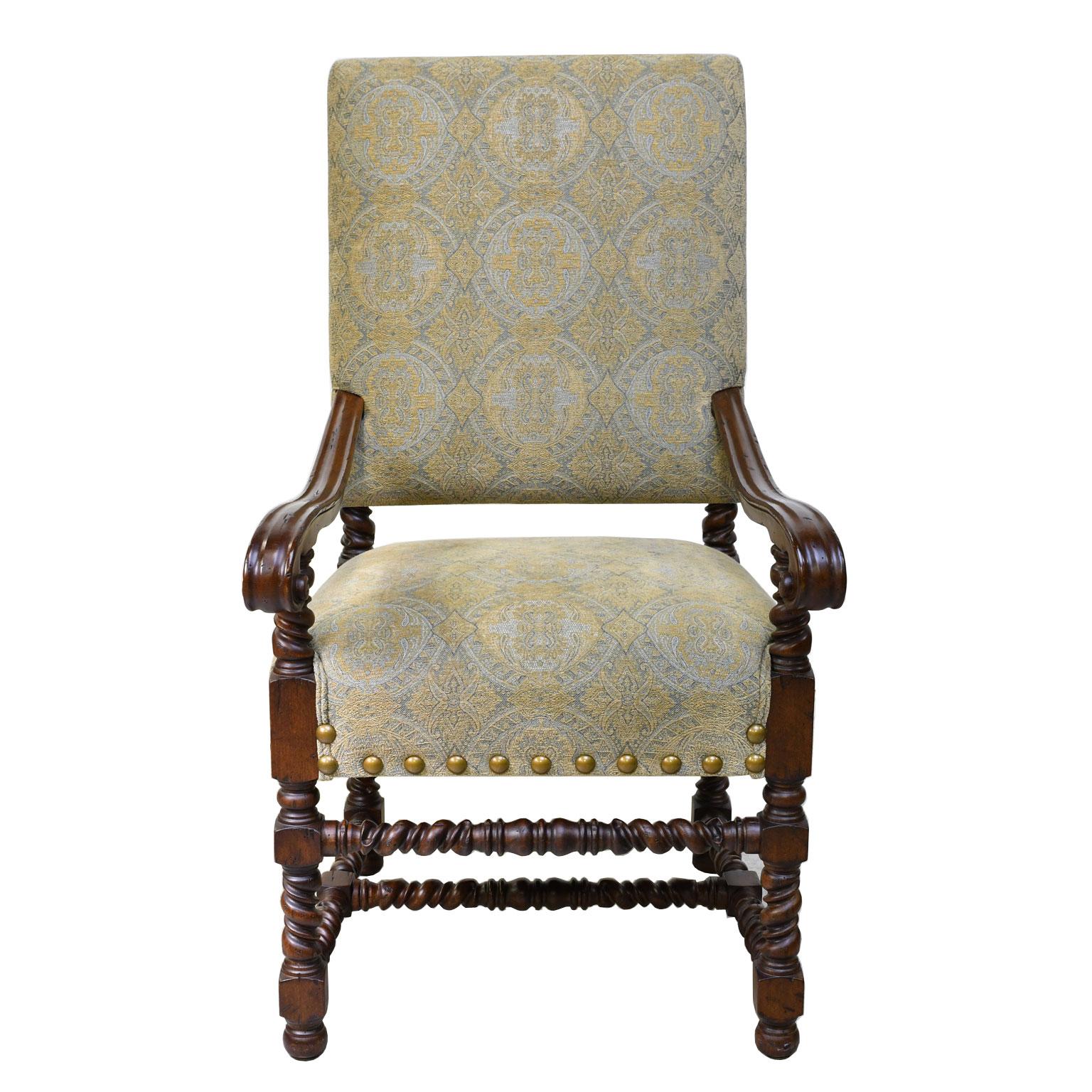 Set of Ten Upholstered Tudor-Style Dining Chairs with Turned Legs & Stretcher 2