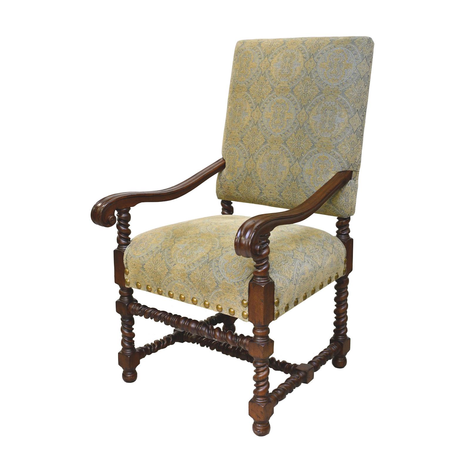 Set of Ten Upholstered Tudor-Style Dining Chairs with Turned Legs & Stretcher 3