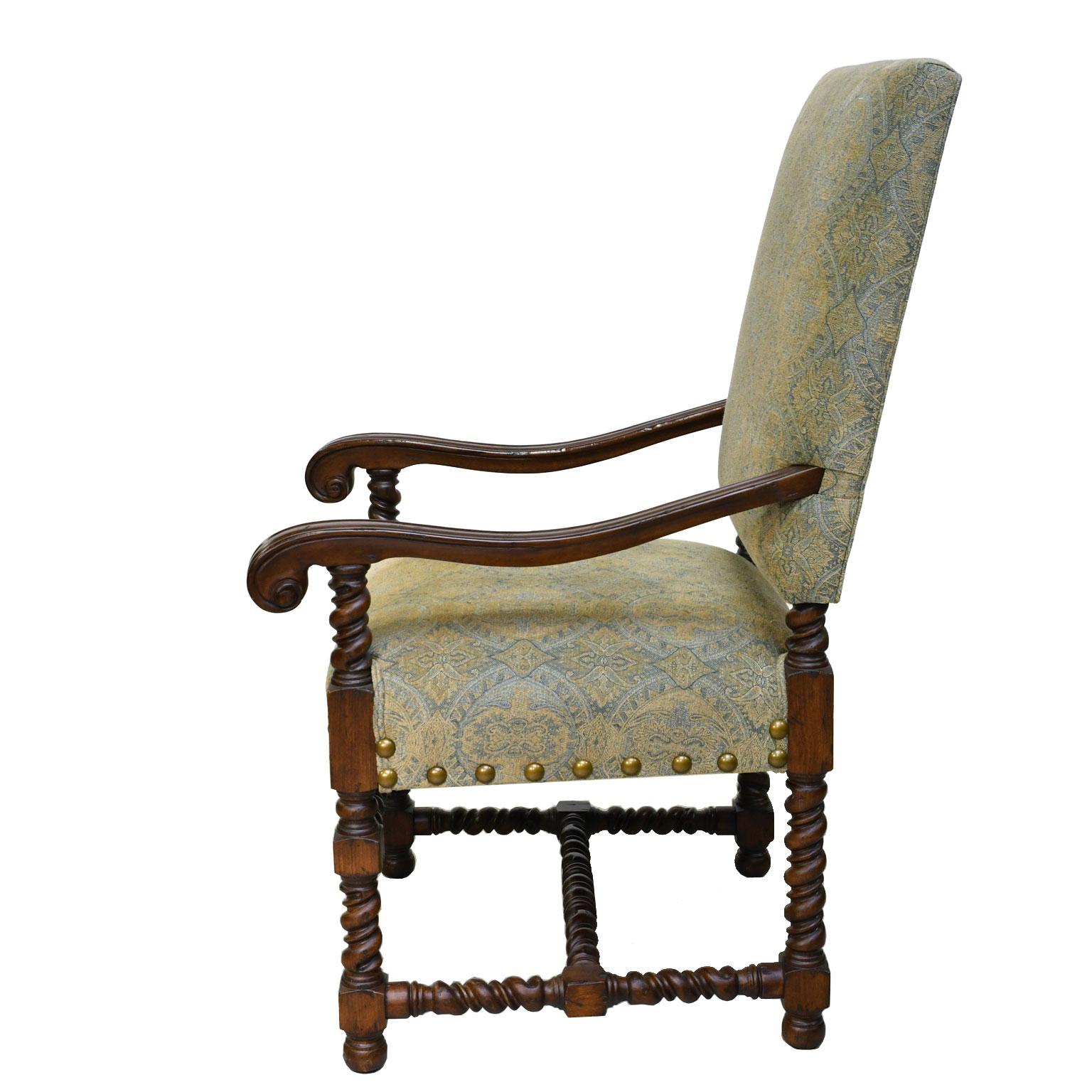 Set of Ten Upholstered Tudor-Style Dining Chairs with Turned Legs & Stretcher 4