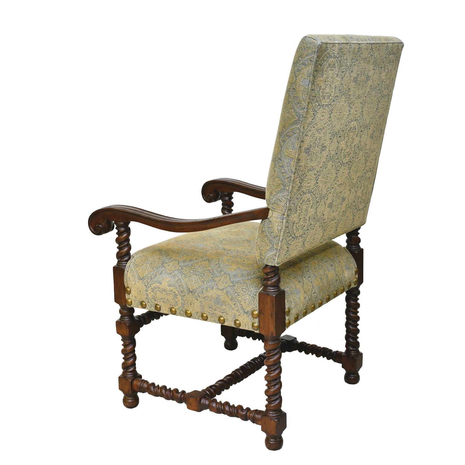 Set of Ten Upholstered Tudor-Style Dining Chairs with Turned Legs & Stretcher 5