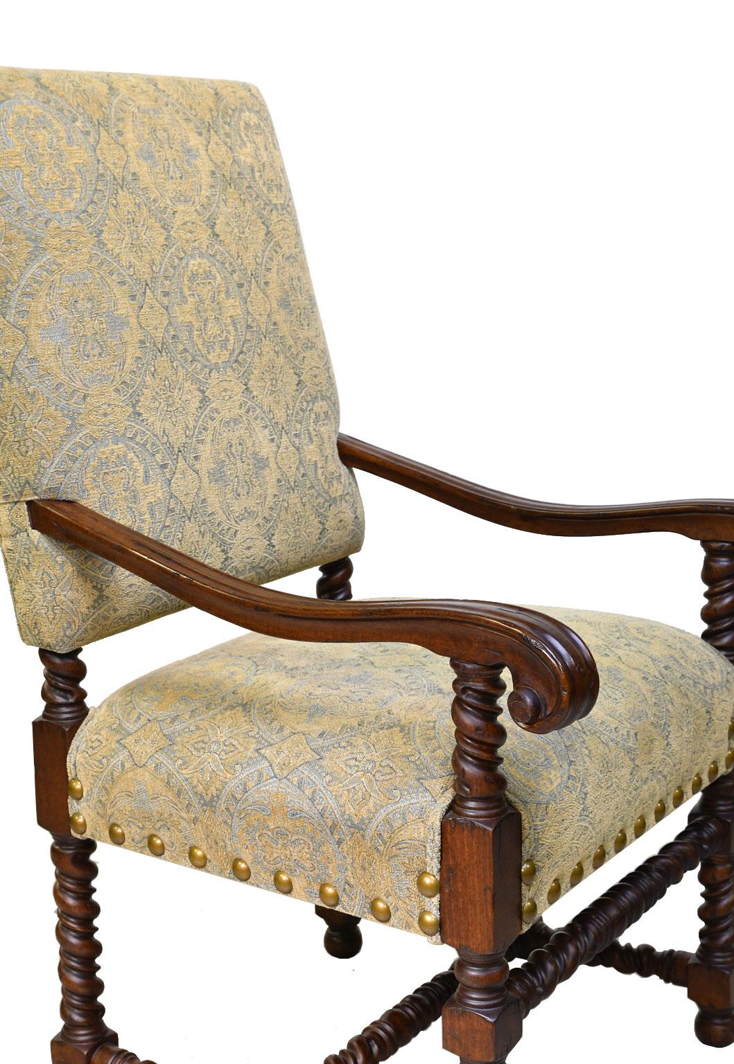 Set of Ten Upholstered Tudor-Style Dining Chairs with Turned Legs & Stretcher 6