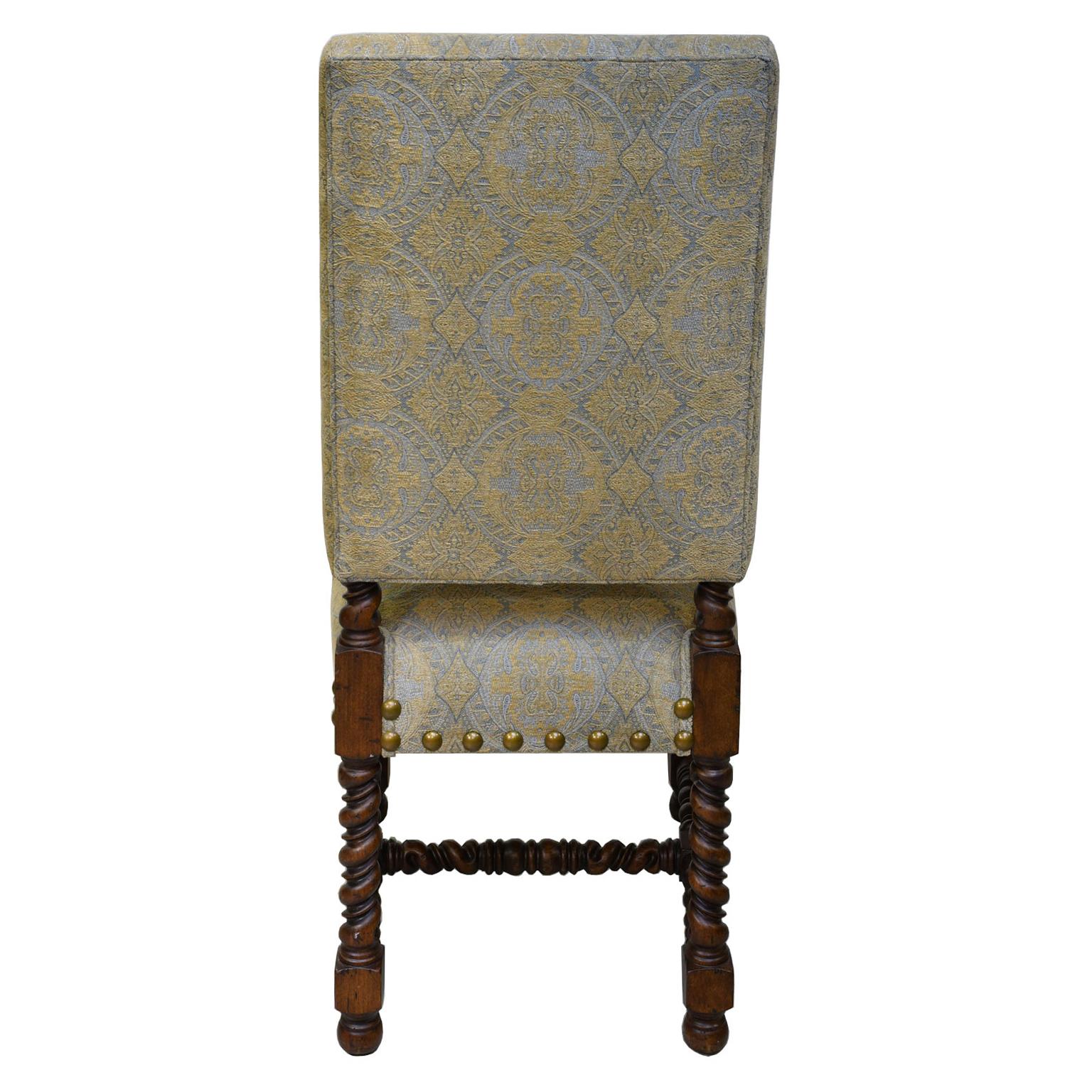 American Set of Ten Upholstered Tudor-Style Dining Chairs with Turned Legs & Stretcher