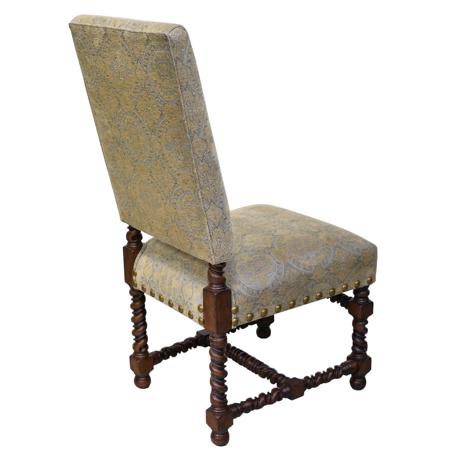 Set of Ten Upholstered Tudor-Style Dining Chairs with Turned Legs & Stretcher In Good Condition In Miami, FL