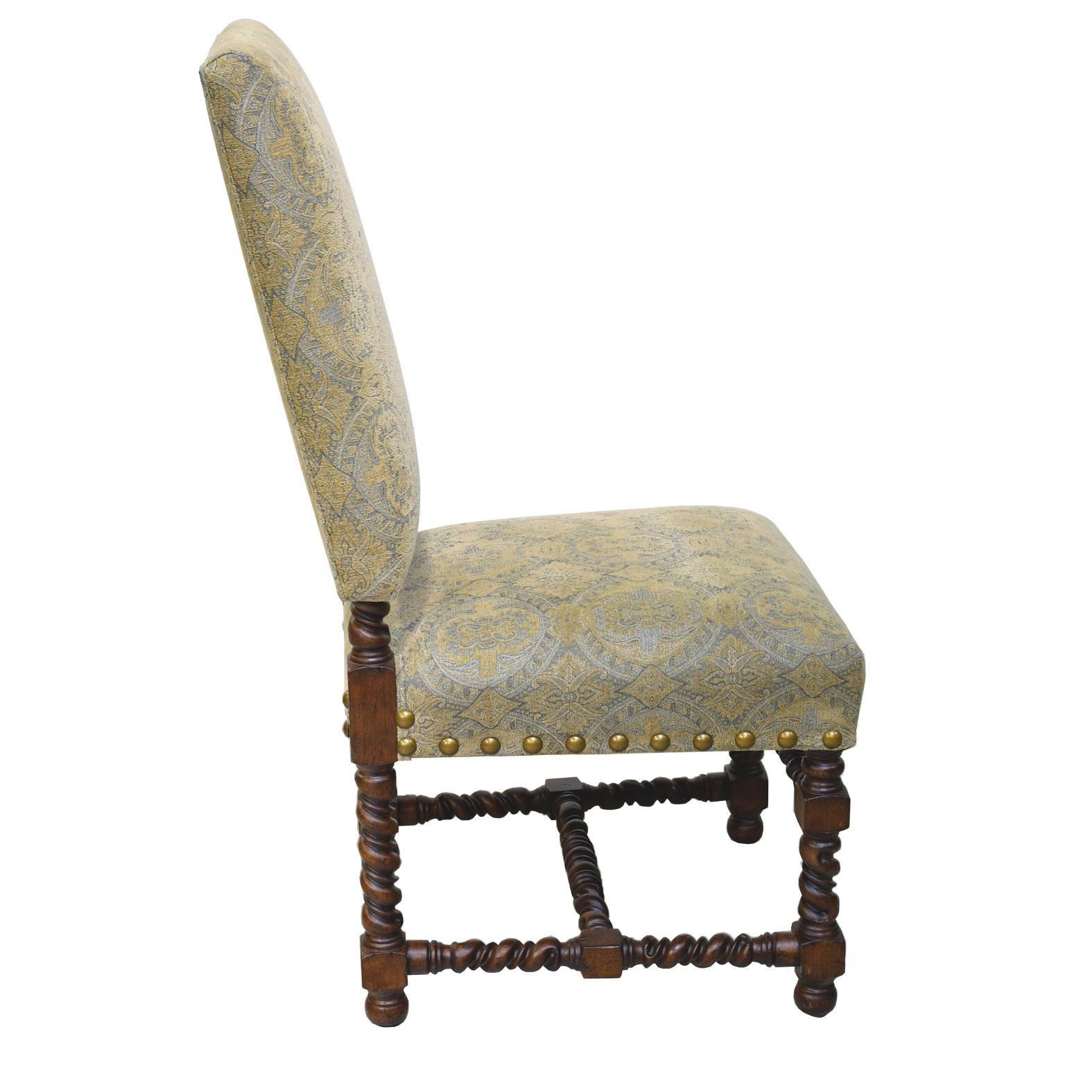 Contemporary Set of Ten Upholstered Tudor-Style Dining Chairs with Turned Legs & Stretcher