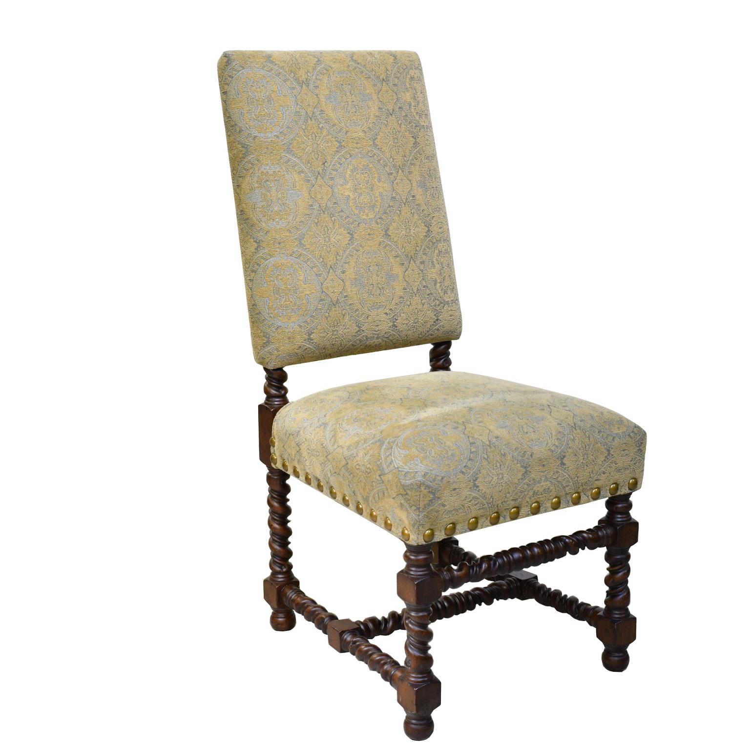 Upholstery Set of Ten Upholstered Tudor-Style Dining Chairs with Turned Legs & Stretcher