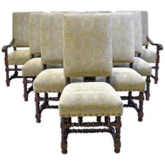 Used Set of Ten Upholstered Tudor-Style Dining Chairs with Turned Legs & Stretcher