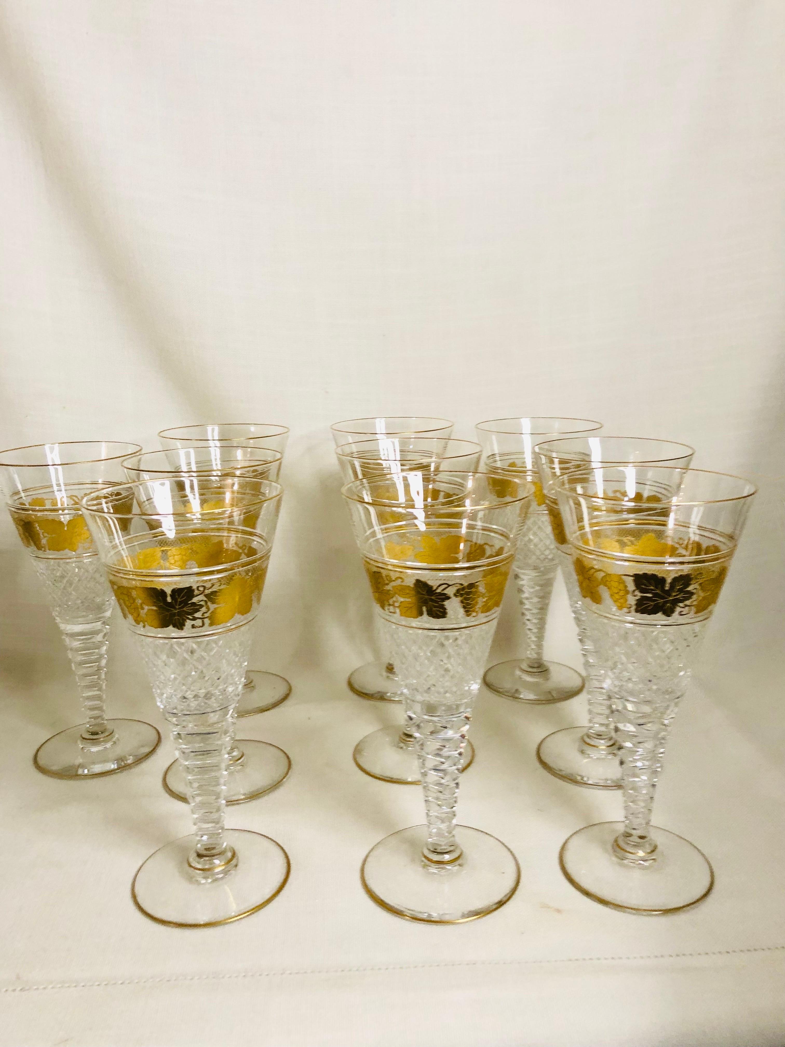 Set of Ten Val St. Lambert Belgium Cut Crystal Goblets With Gilded Grape Vines 3