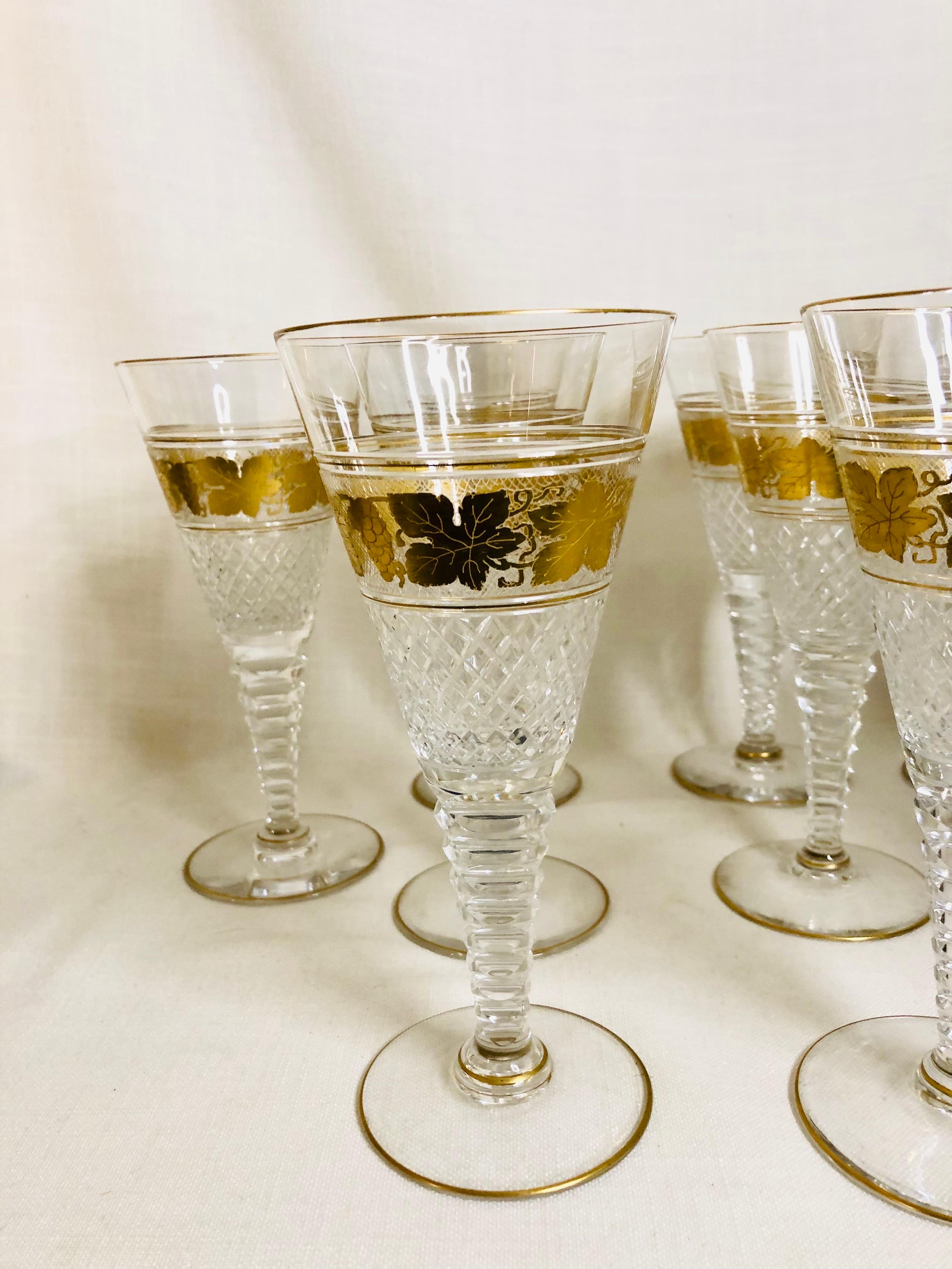 Set of Ten Val St. Lambert Belgium Cut Crystal Goblets With Gilded Grape Vines 4