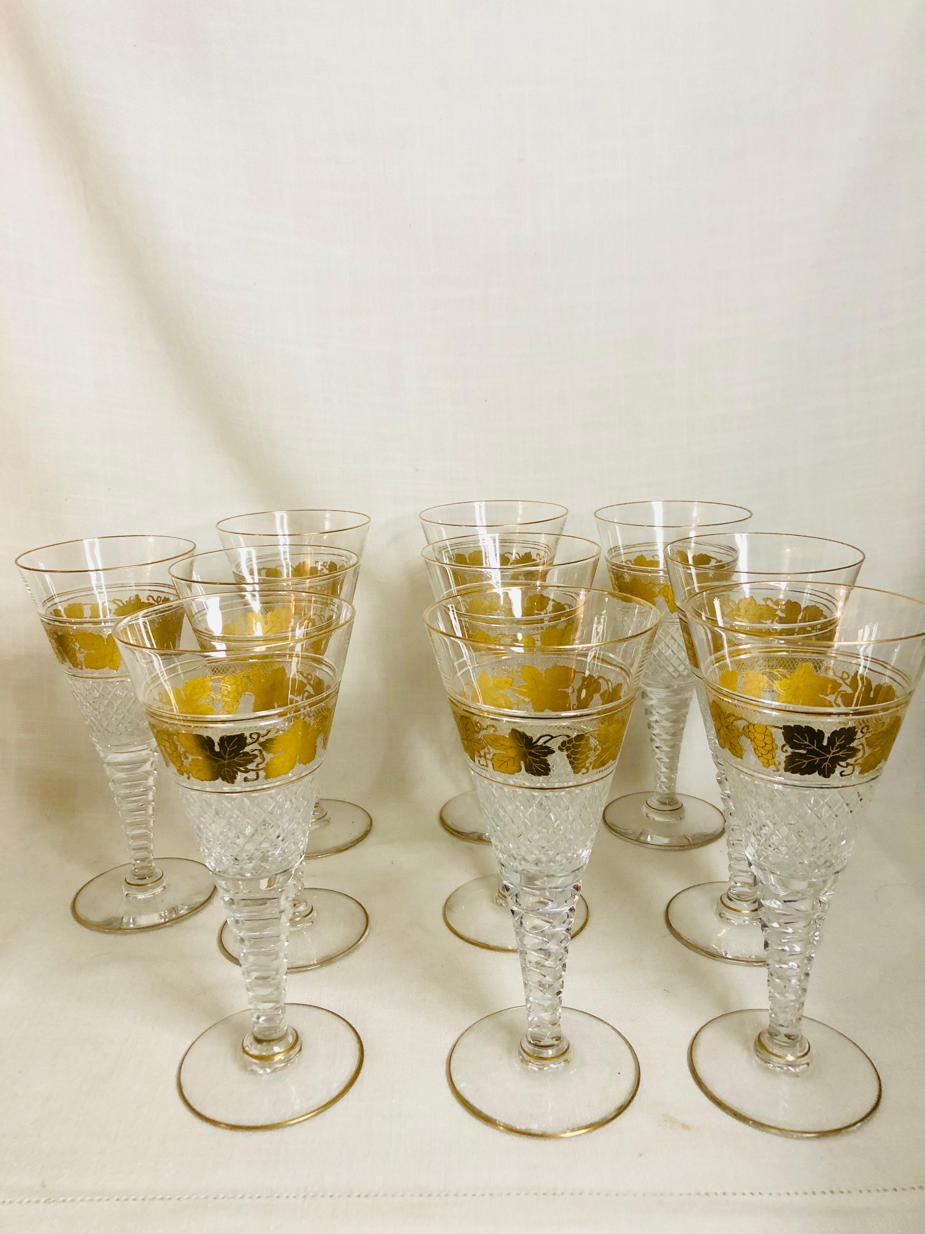 Set of Ten Val St. Lambert Belgium Cut Crystal Goblets With Gilded Grape Vines 5
