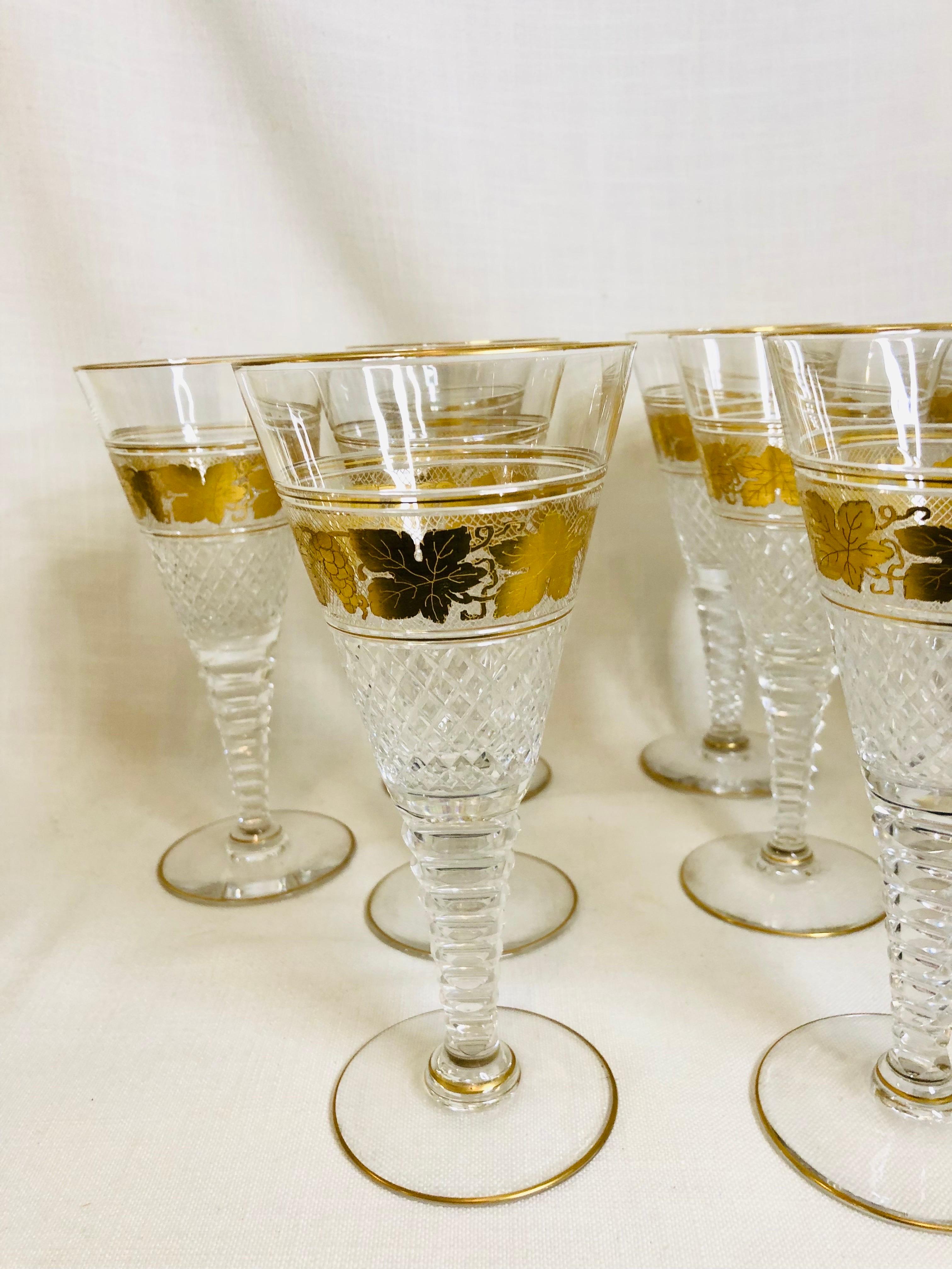Set of Ten Val St. Lambert Belgium Cut Crystal Goblets With Gilded Grape Vines 6