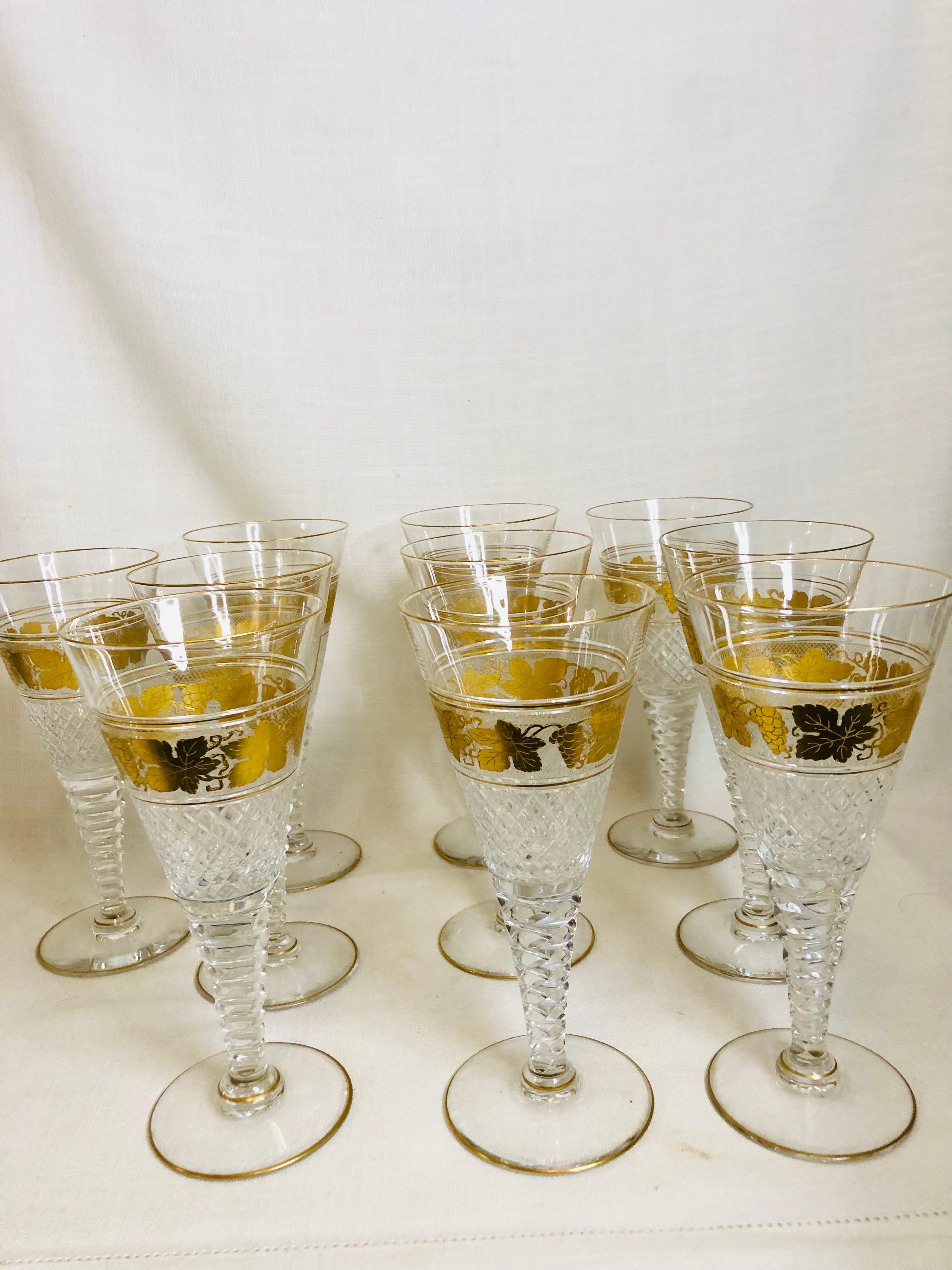 Set of Ten Val St. Lambert Belgium Cut Crystal Goblets With Gilded Grape Vines 7