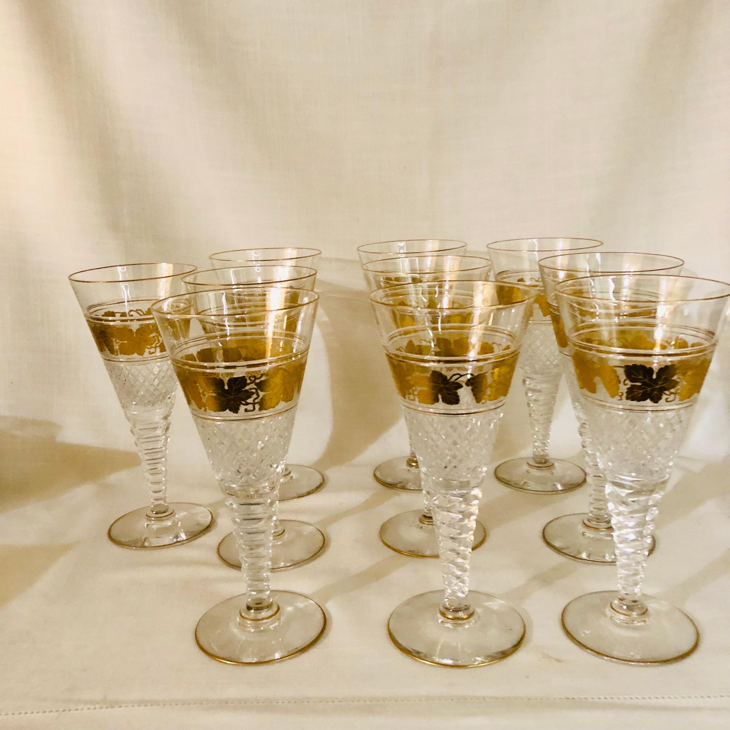 Rococo Set of Ten Val St. Lambert Belgium Cut Crystal Goblets With Gilded Grape Vines