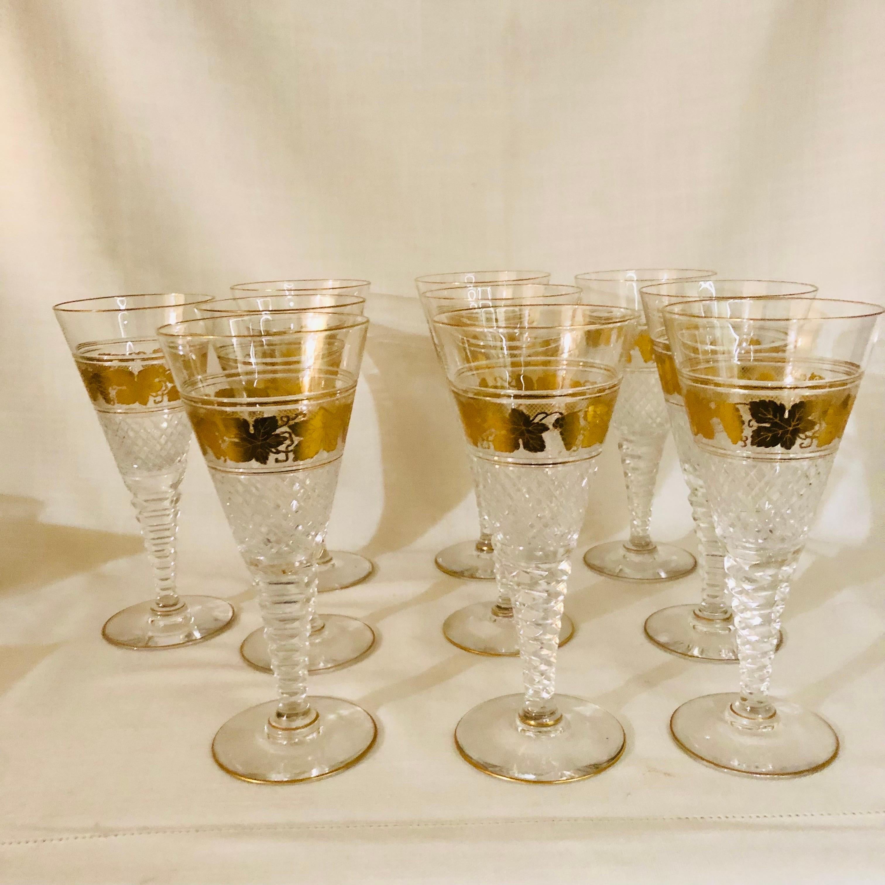 Belgian Set of Ten Val St. Lambert Belgium Cut Crystal Goblets With Gilded Grape Vines