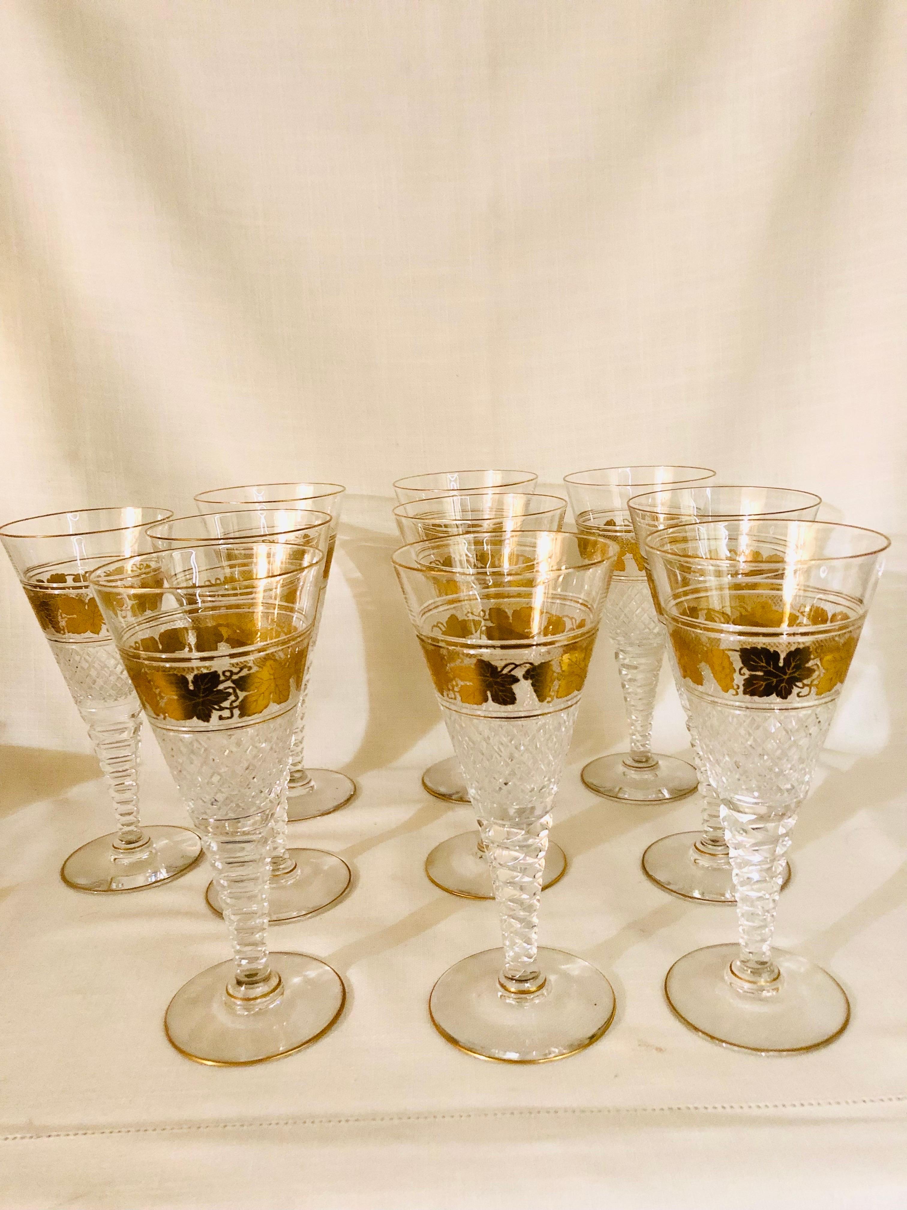 Gilt Set of Ten Val St. Lambert Belgium Cut Crystal Goblets With Gilded Grape Vines
