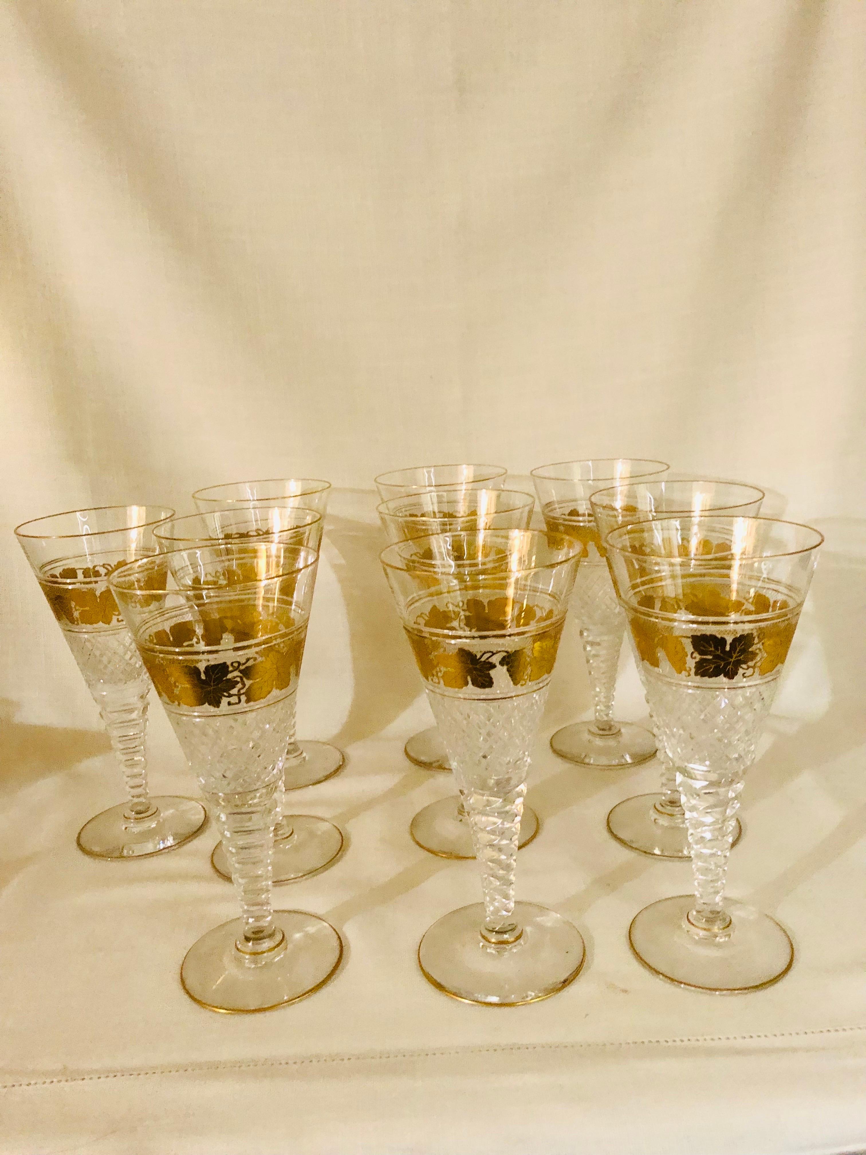 Set of Ten Val St. Lambert Belgium Cut Crystal Goblets With Gilded Grape Vines In Good Condition In Boston, MA