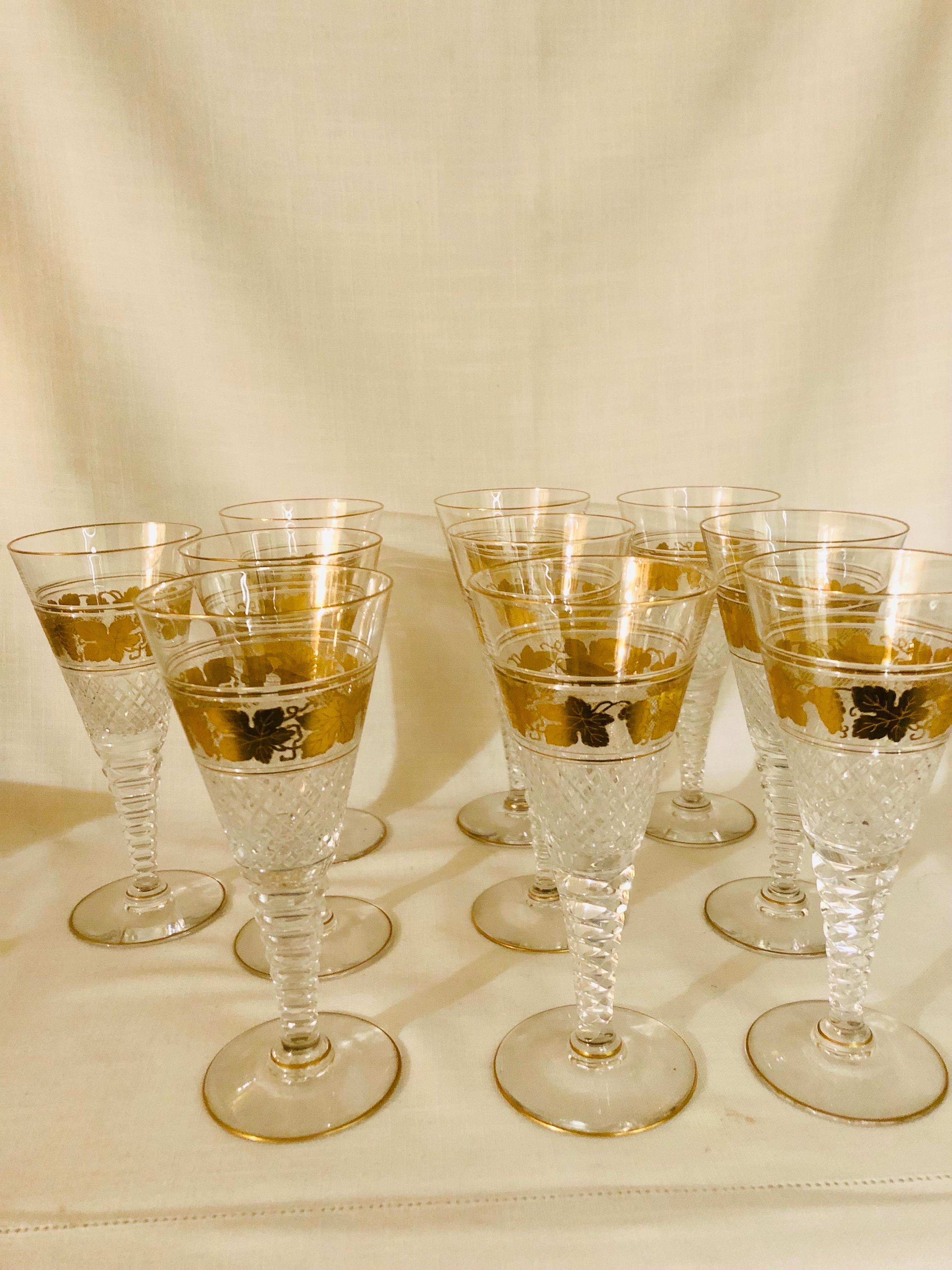 Mid-20th Century Set of Ten Val St. Lambert Belgium Cut Crystal Goblets With Gilded Grape Vines