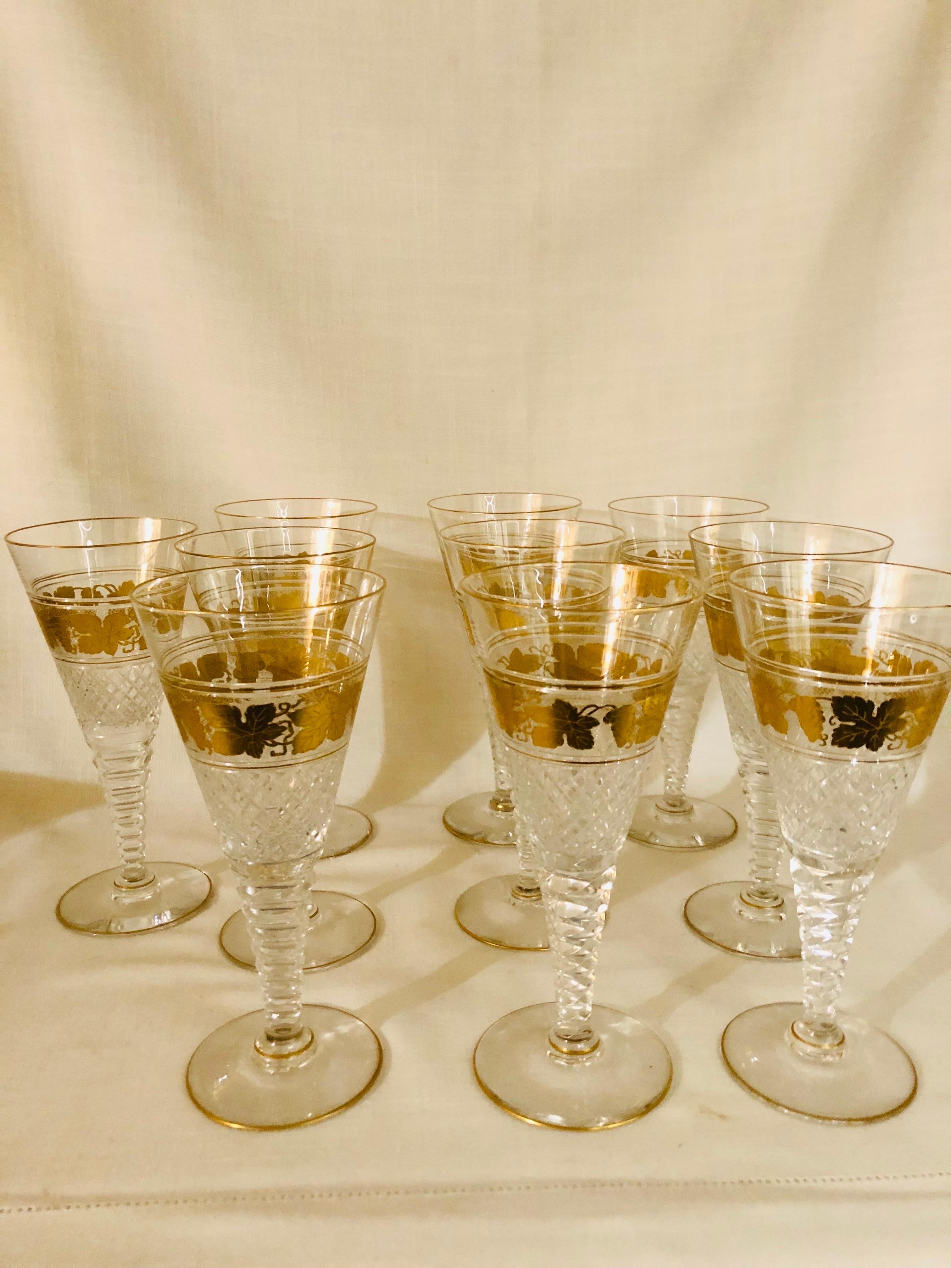 Set of Ten Val St. Lambert Belgium Cut Crystal Goblets With Gilded Grape Vines 1