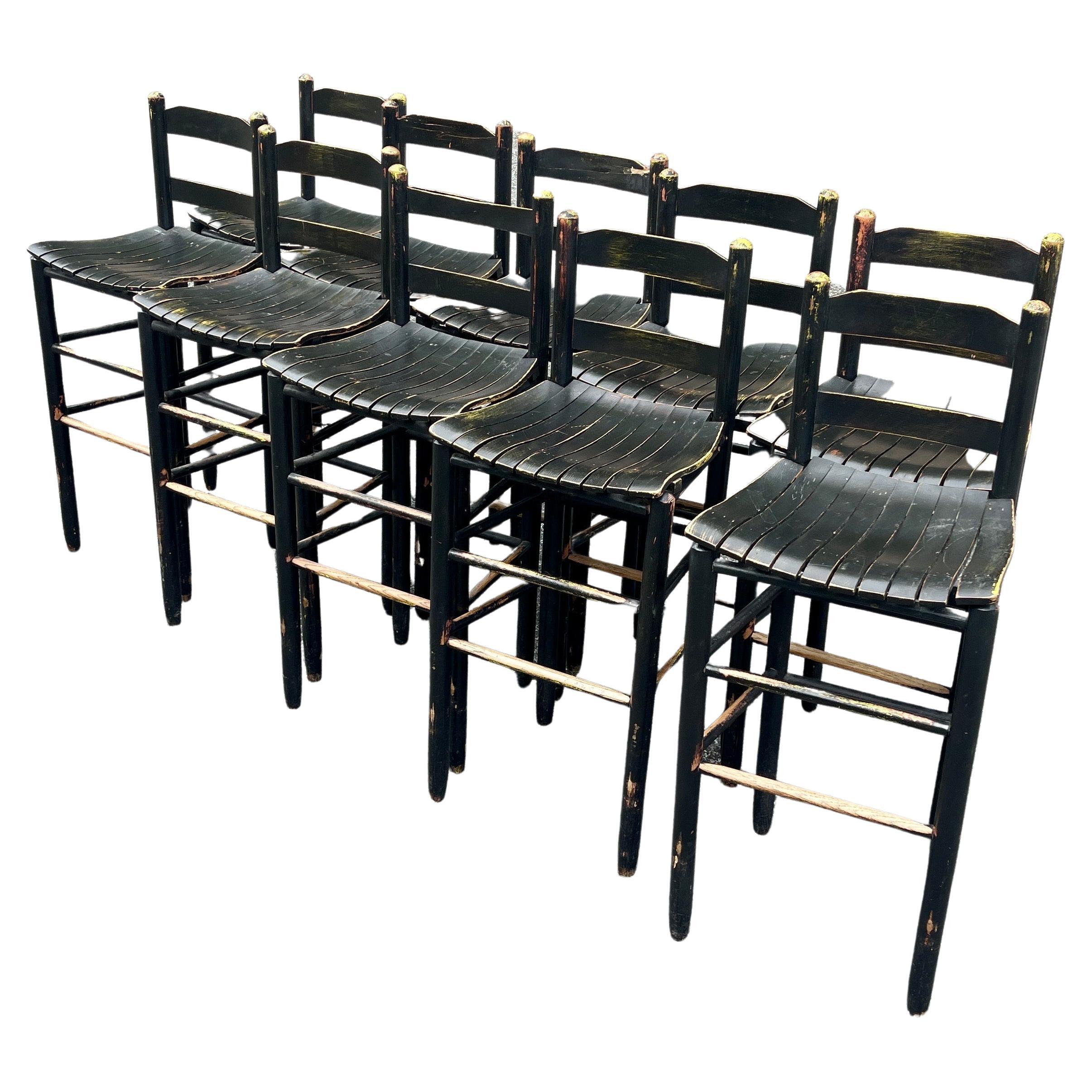 Set of Ten Vintage Black Painted Wood Bar Stools, American 1960's For Sale